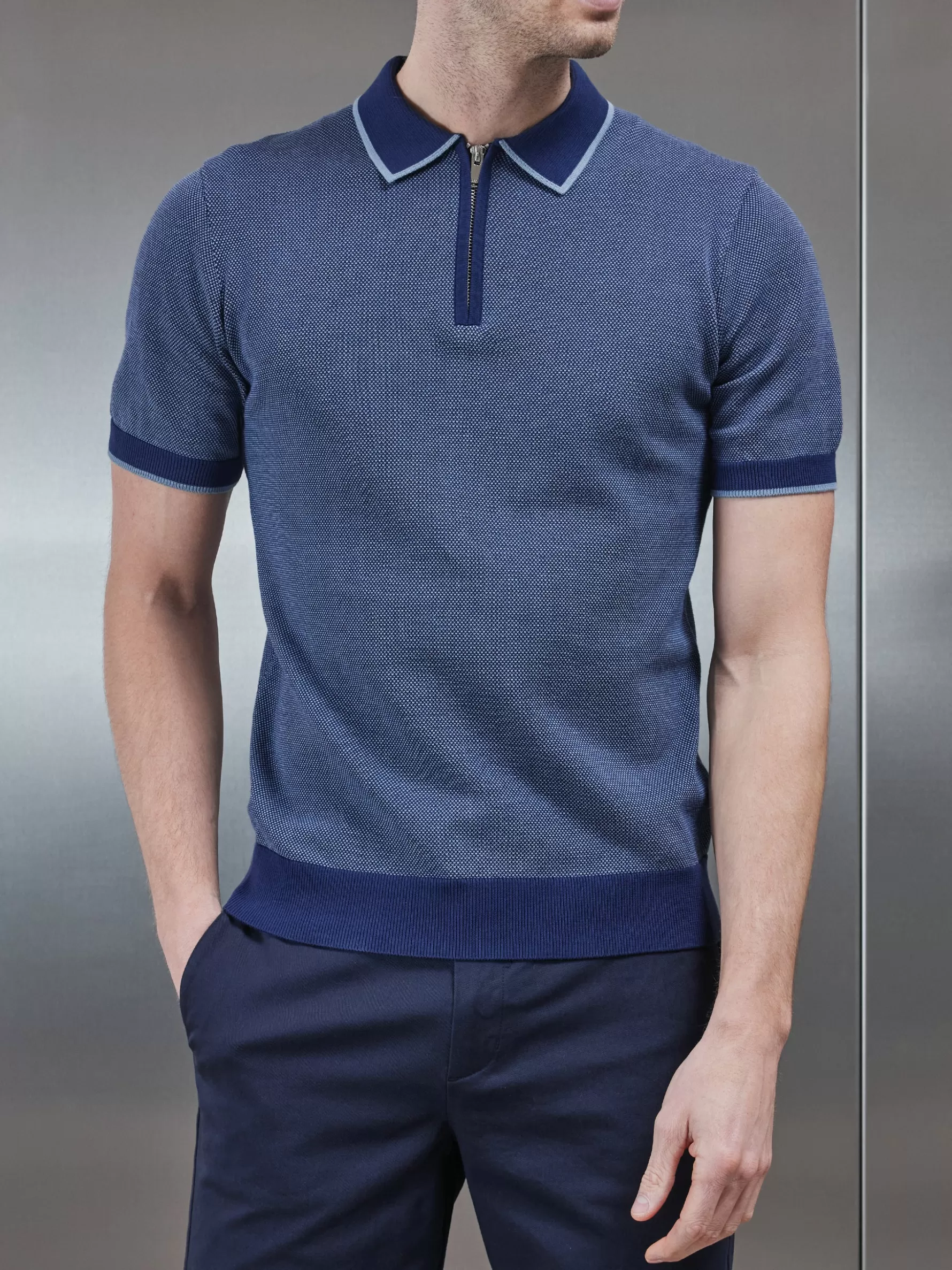 ARNE Capri Textured Knitted Zip Polo Shirt -