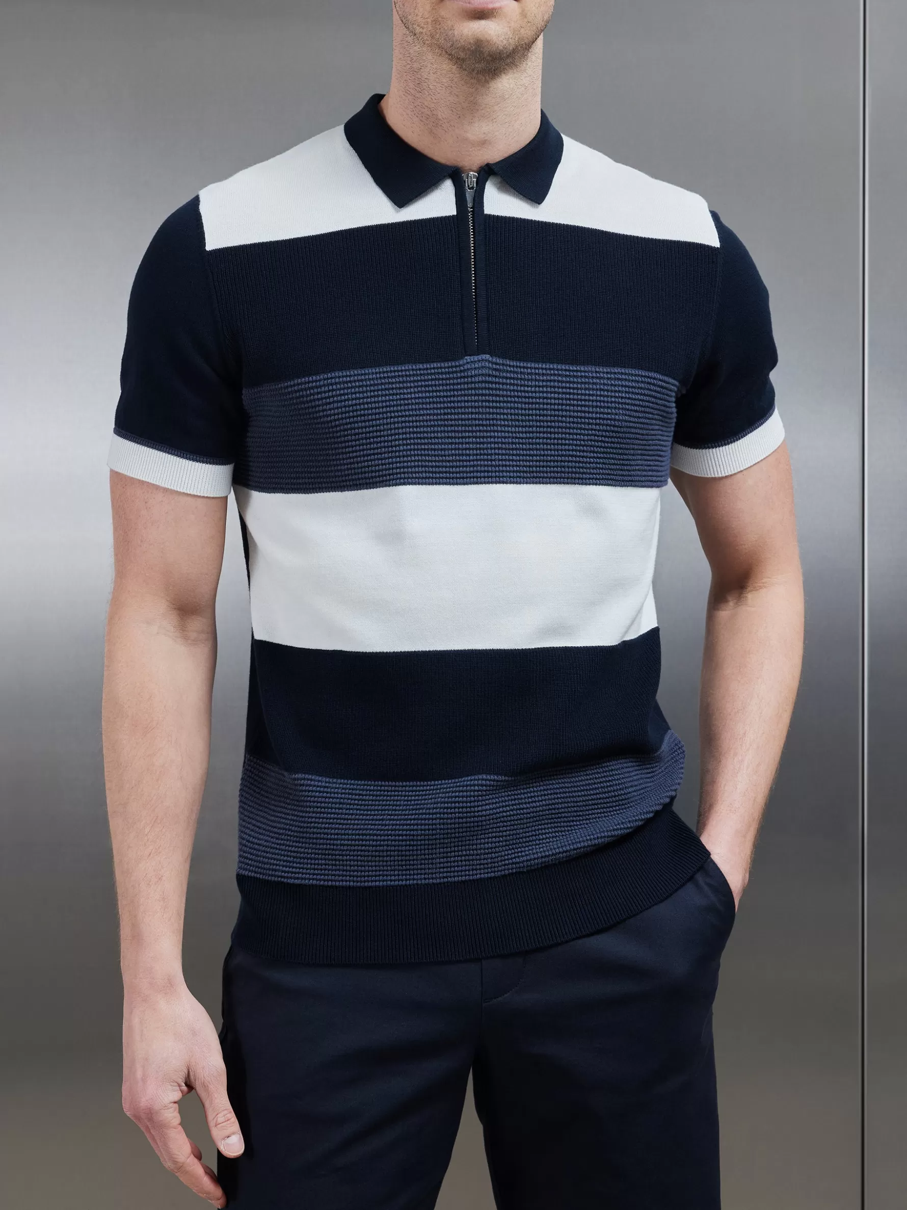 ARNE Colour Block Knitted Zip Polo Shirt -