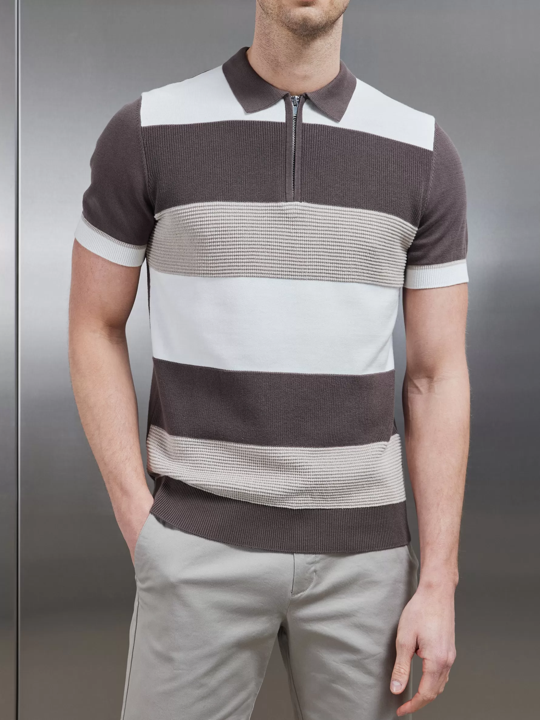 ARNE Colour Block Knitted Zip Polo Shirt -