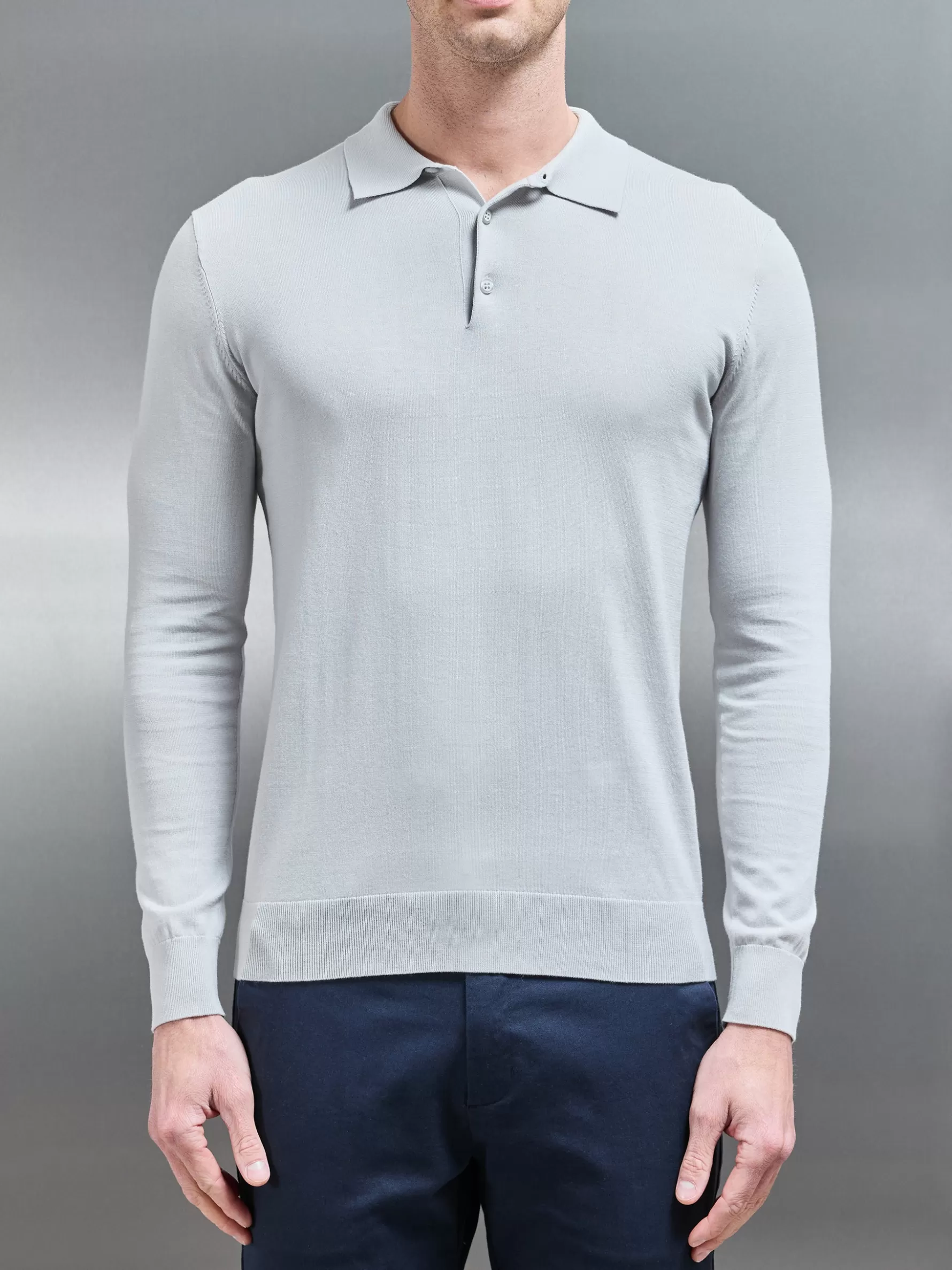 ARNE Cotton & Silk Long Sleeve Button Polo Shirt - Mid Grey