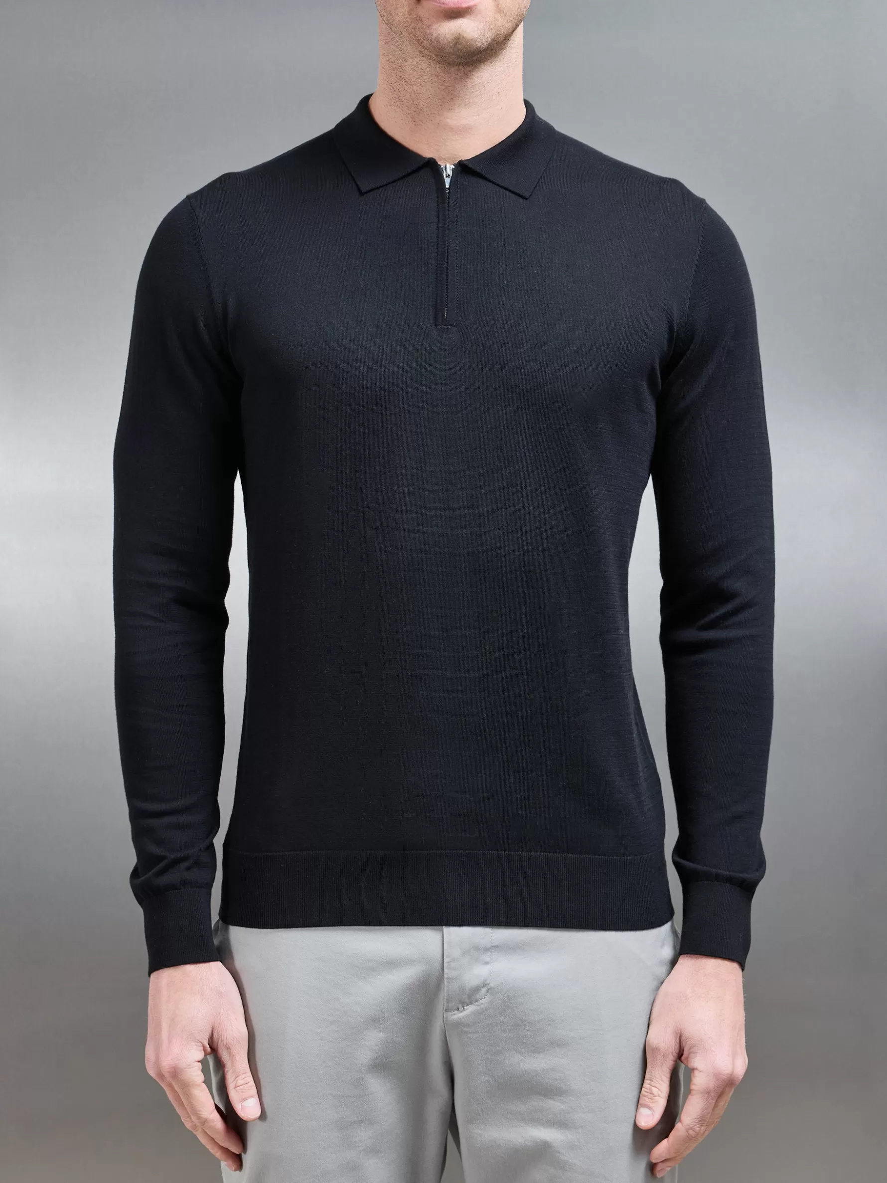 ARNE Cotton & Silk Long Sleeve Zip Polo Shirt -