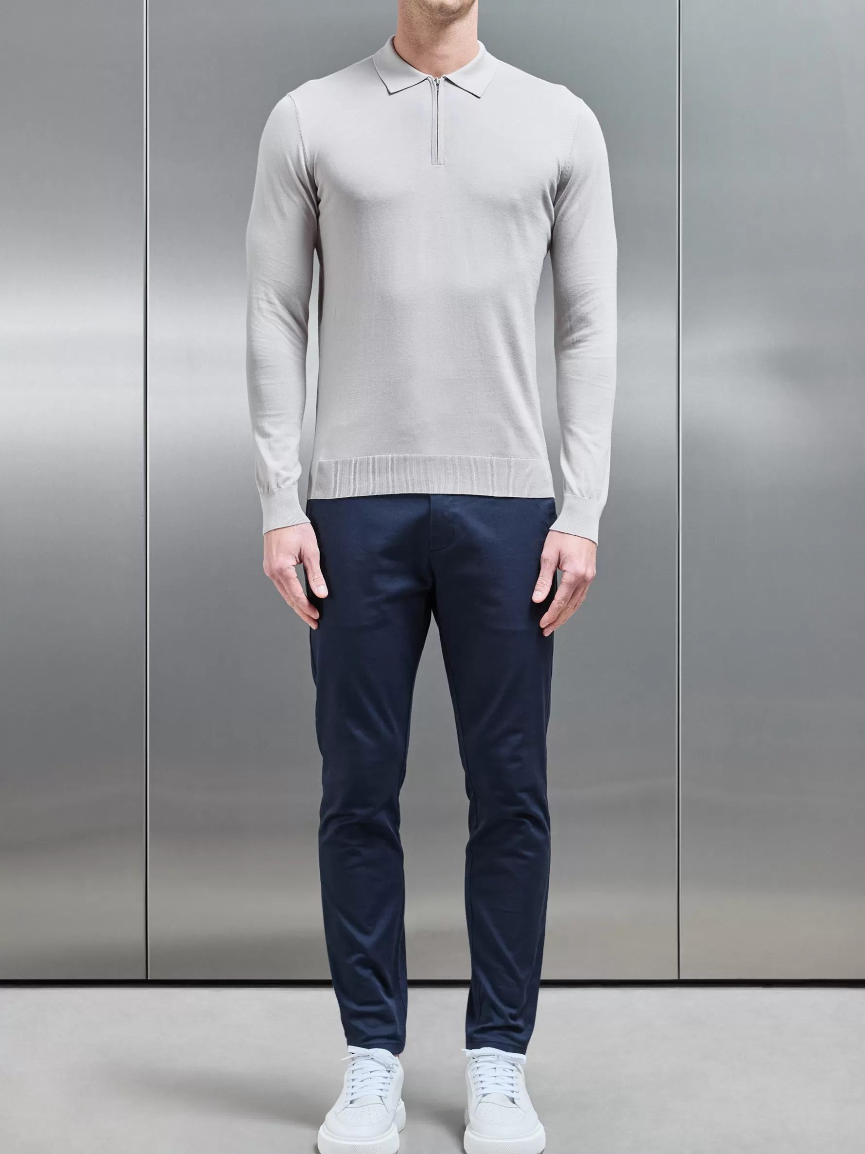 ARNE Cotton & Silk Long Sleeve Zip Polo Shirt -