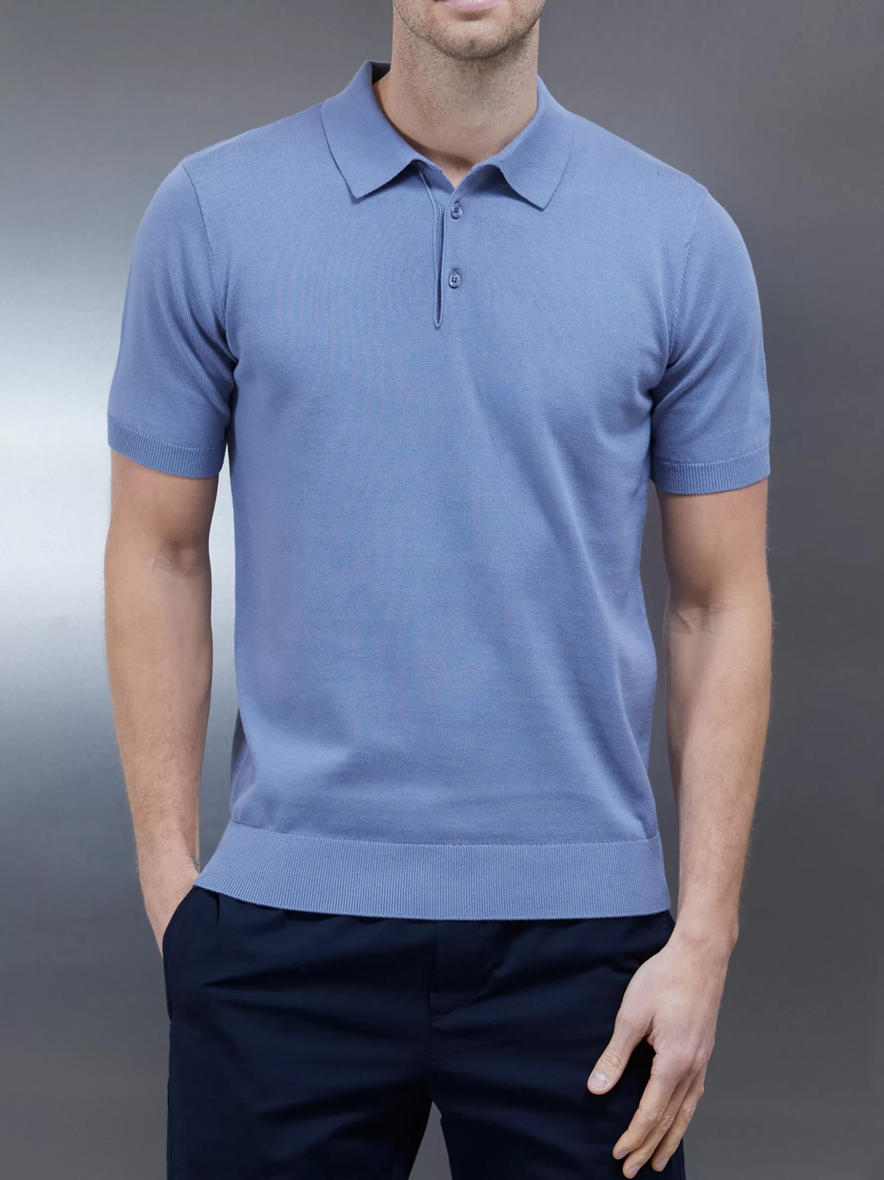 ARNE Cotton Knitted Button Polo Shirt - Silk Blue