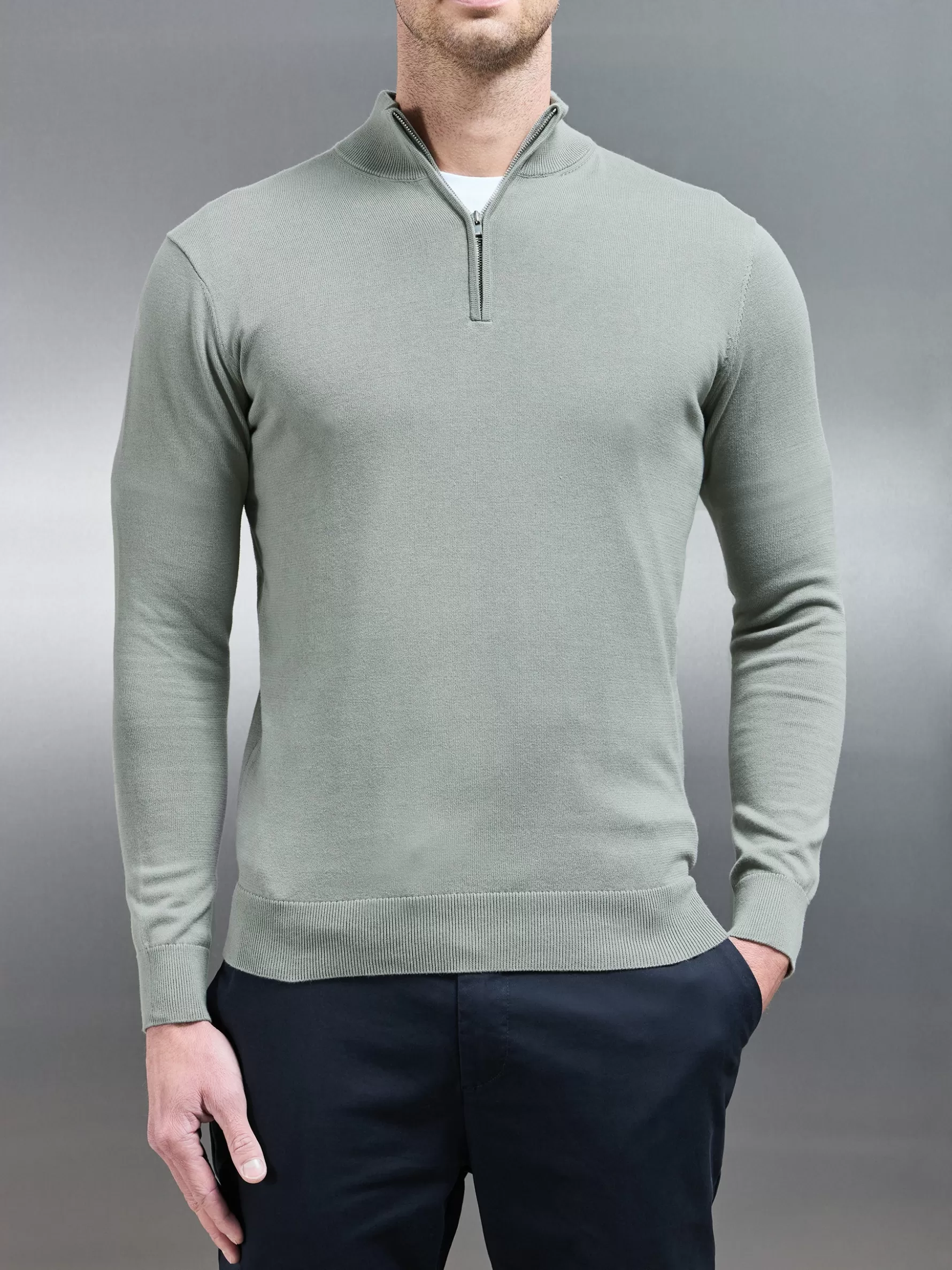 ARNE Cotton Knitted Half Zip Funnel Neck Jumper - Light Sage