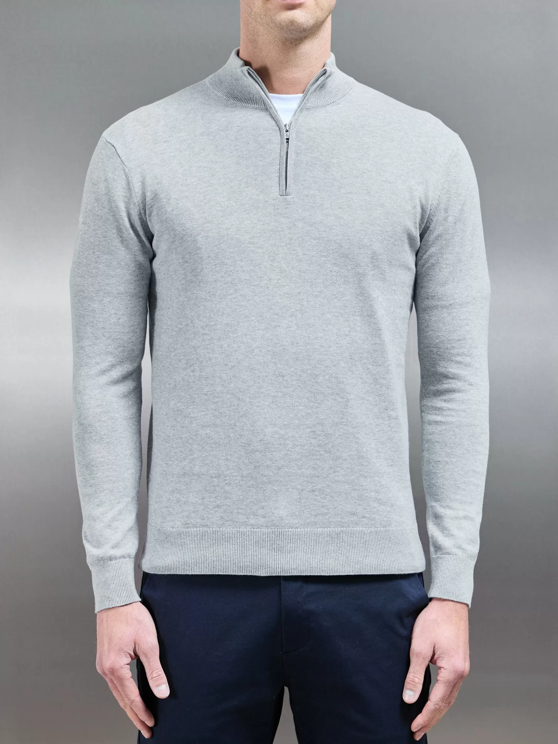 ARNE Cotton Knitted Half Zip Funnel Neck Jumper - Marl Grey