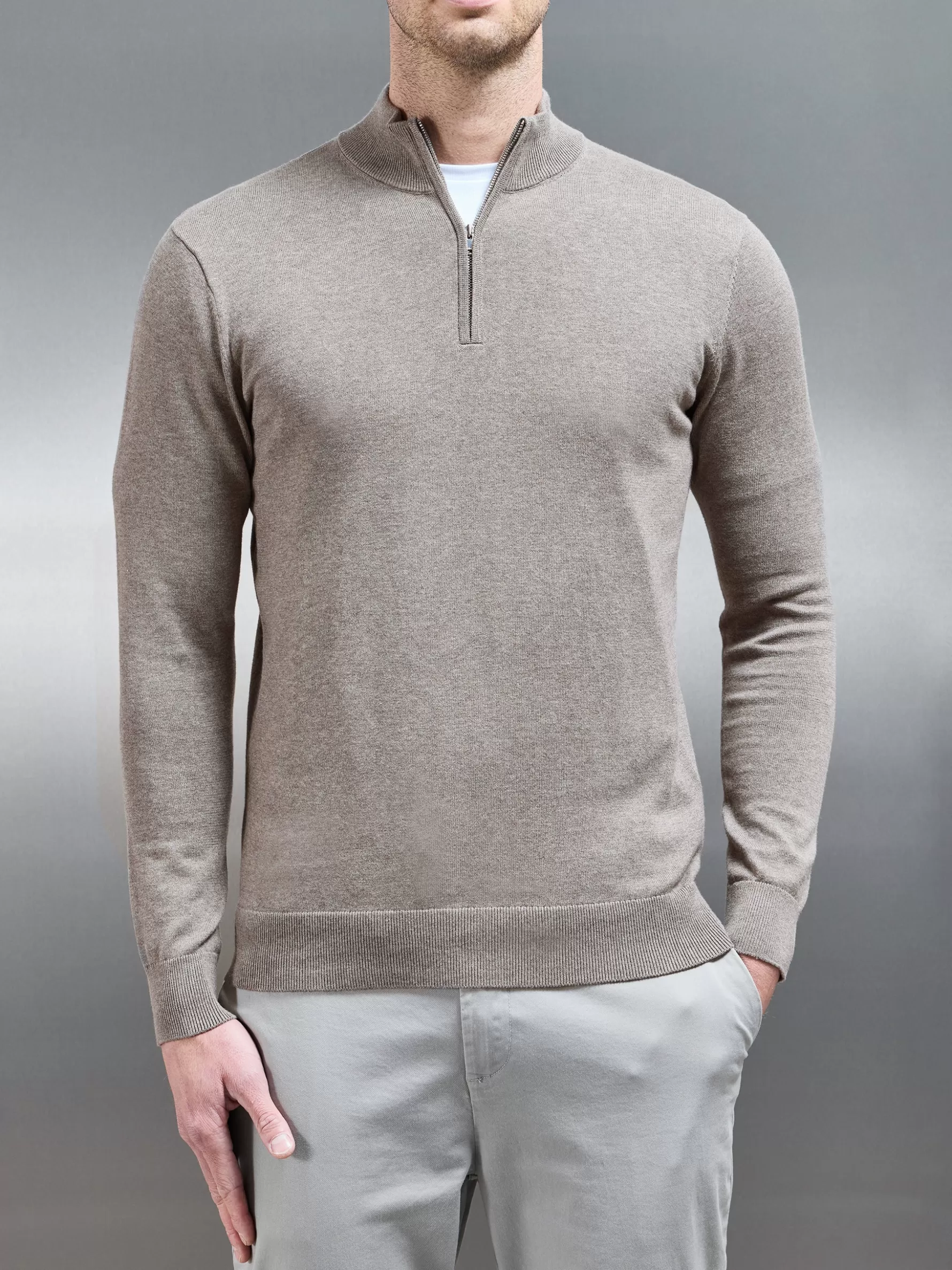 ARNE Cotton Knitted Half Zip Funnel Neck Jumper - Taupe Marl