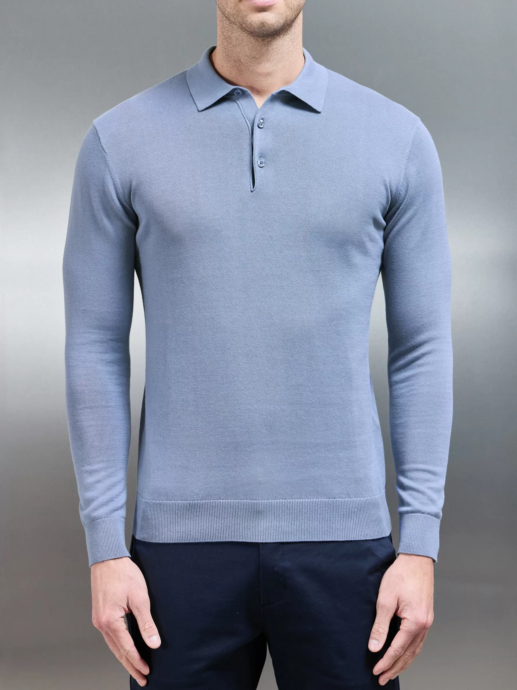 ARNE Cotton Knitted Long Sleeve Button Polo - Silk Blue