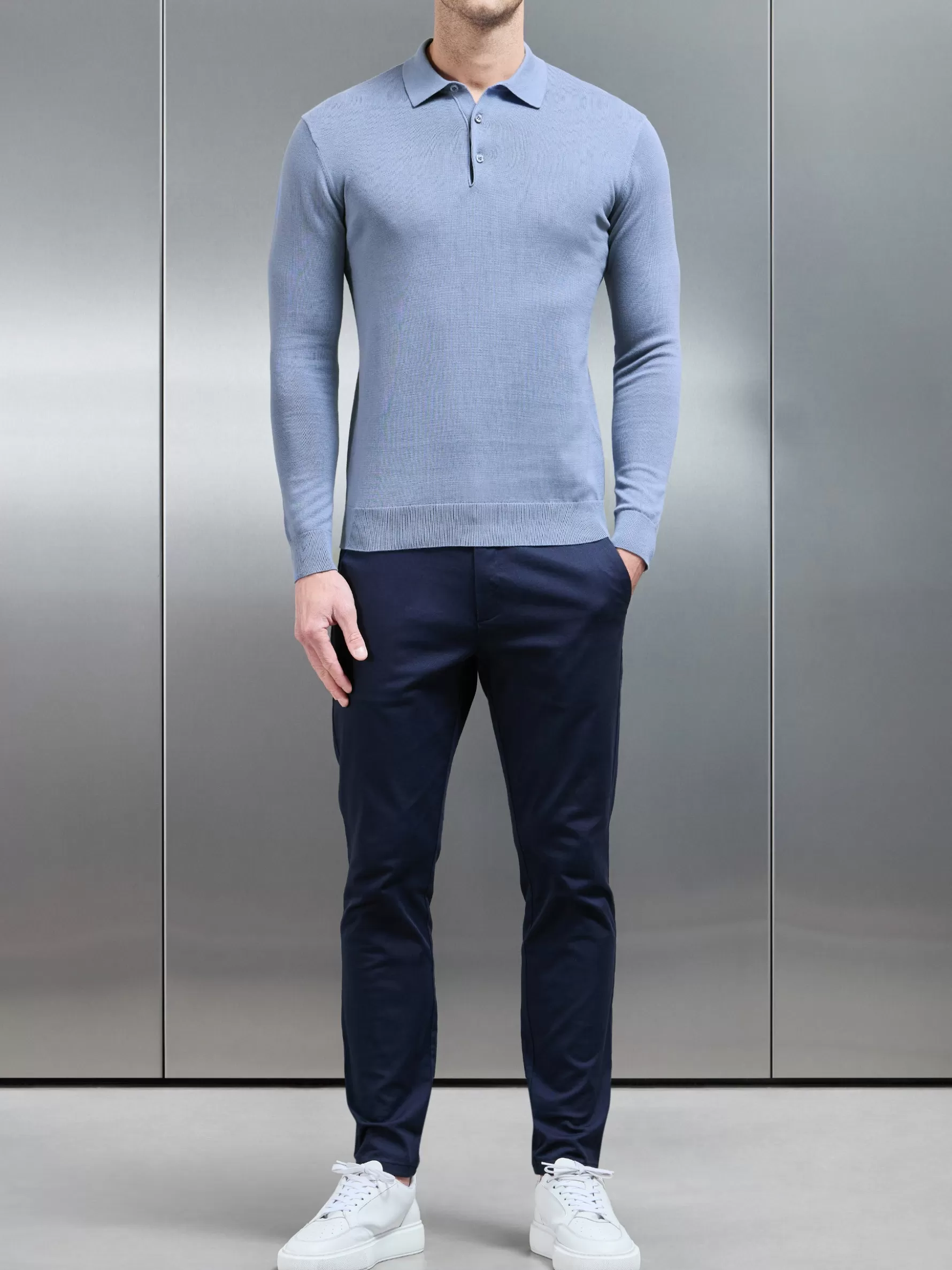 ARNE Cotton Knitted Long Sleeve Button Polo - Silk Blue