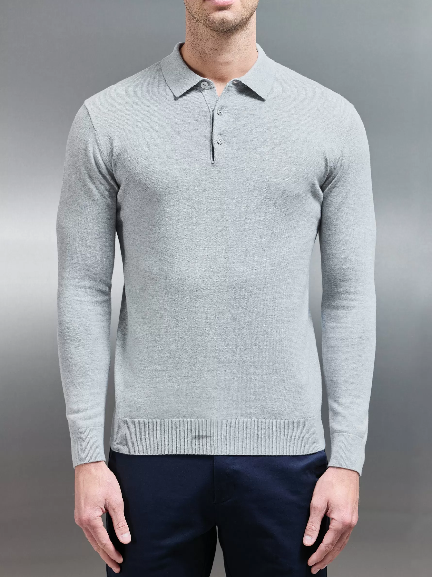 ARNE Cotton Knitted Long Sleeve Button Polo Shirt - Marl Grey