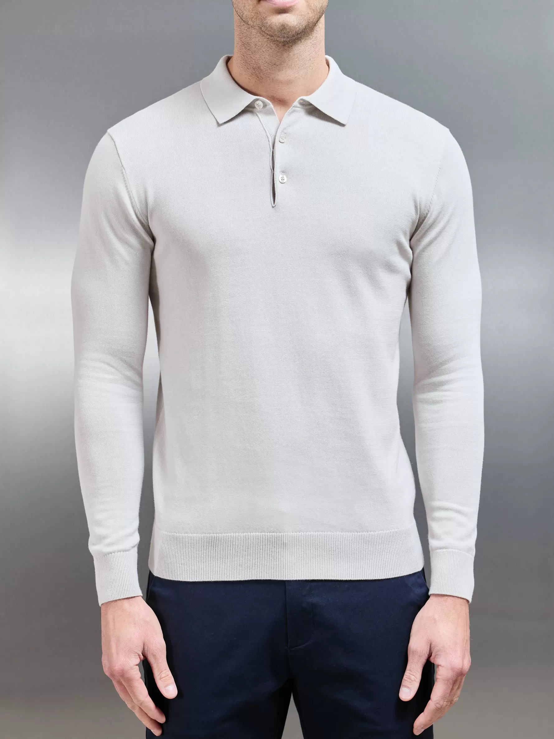 ARNE Cotton Knitted Long Sleeve Button Polo Shirt - Mid Grey