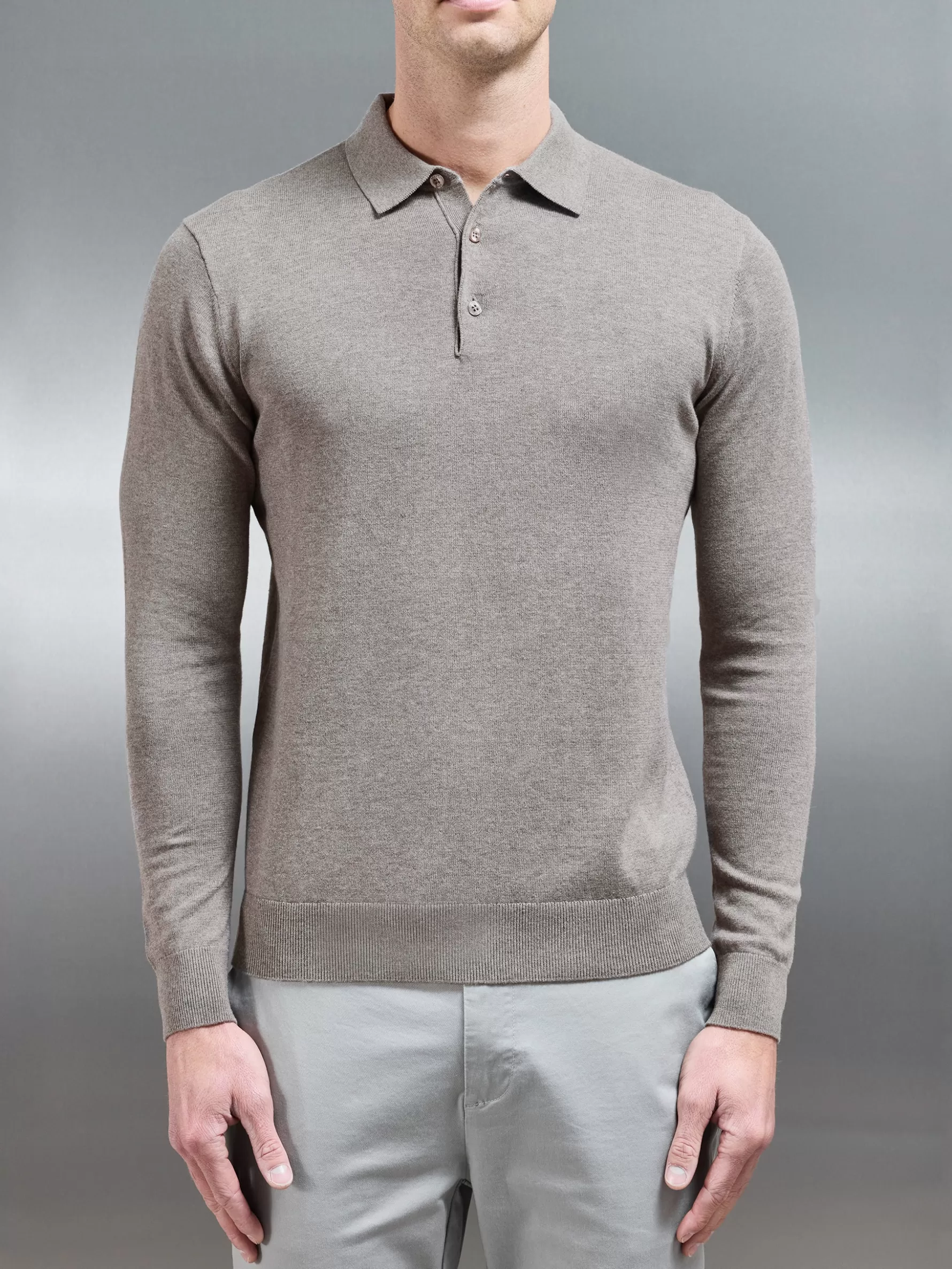 ARNE Cotton Knitted Long Sleeve Button Polo Shirt - Taupe Marl