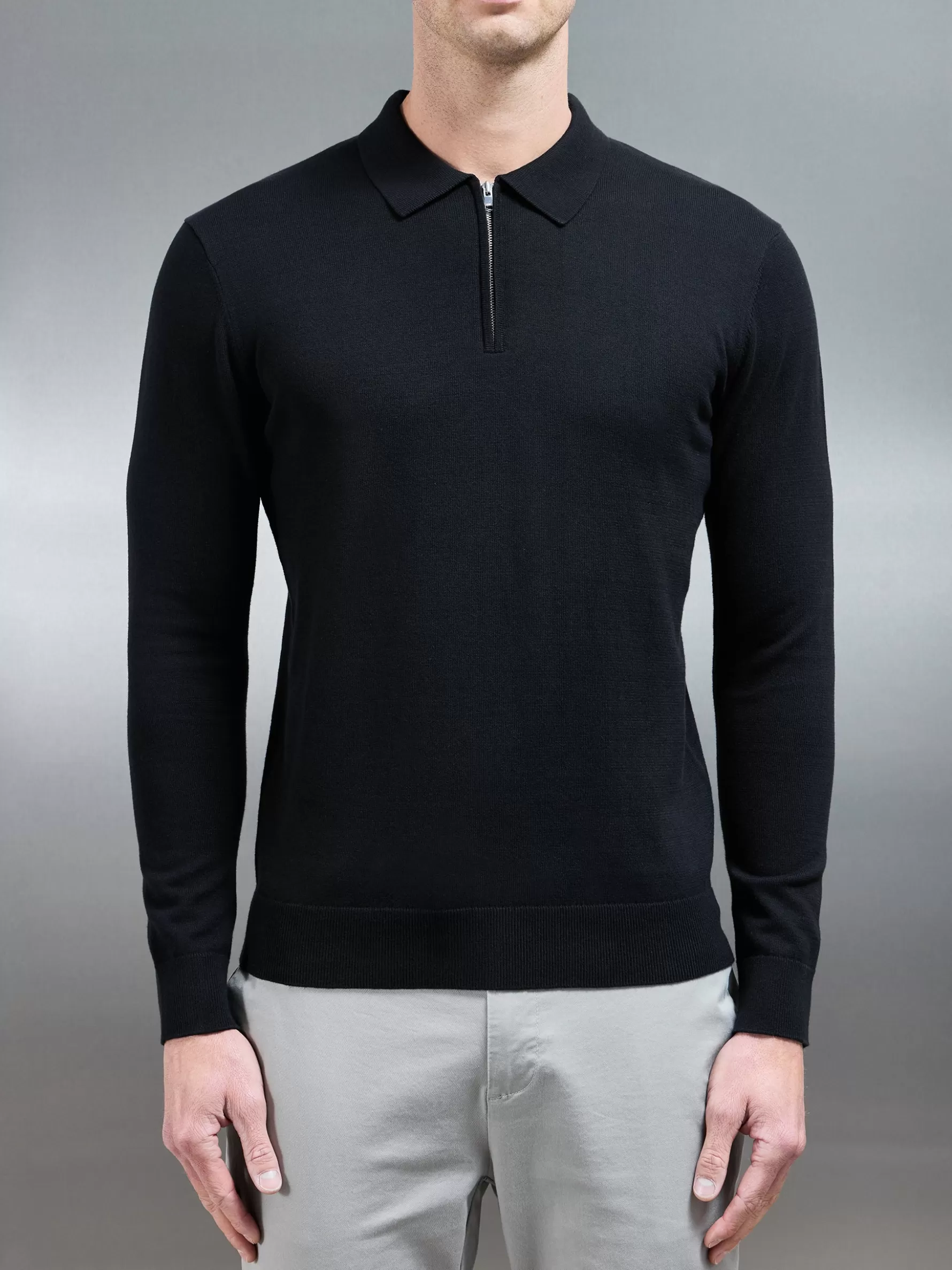 ARNE Cotton Knitted Long Sleeve Half Zip Polo Shirt -