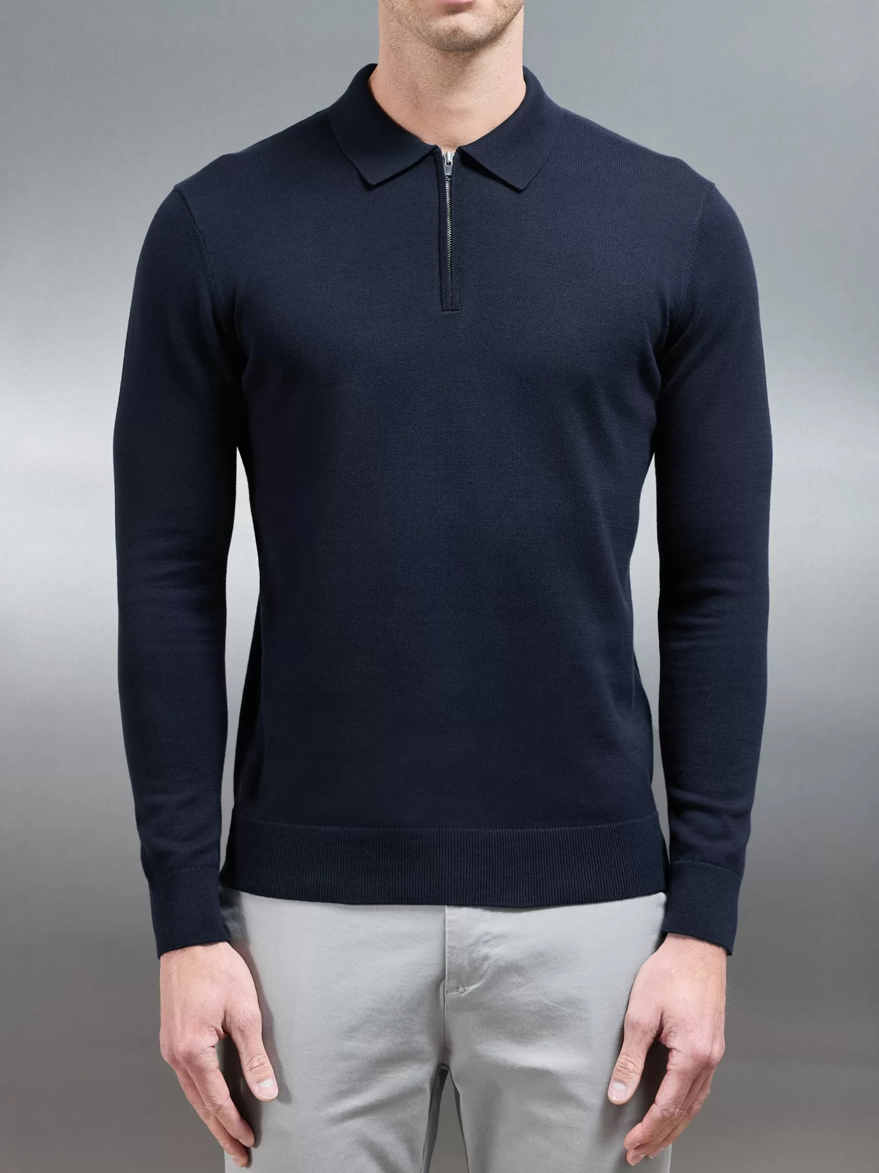 ARNE Cotton Knitted Long Sleeve Half Zip Polo Shirt -