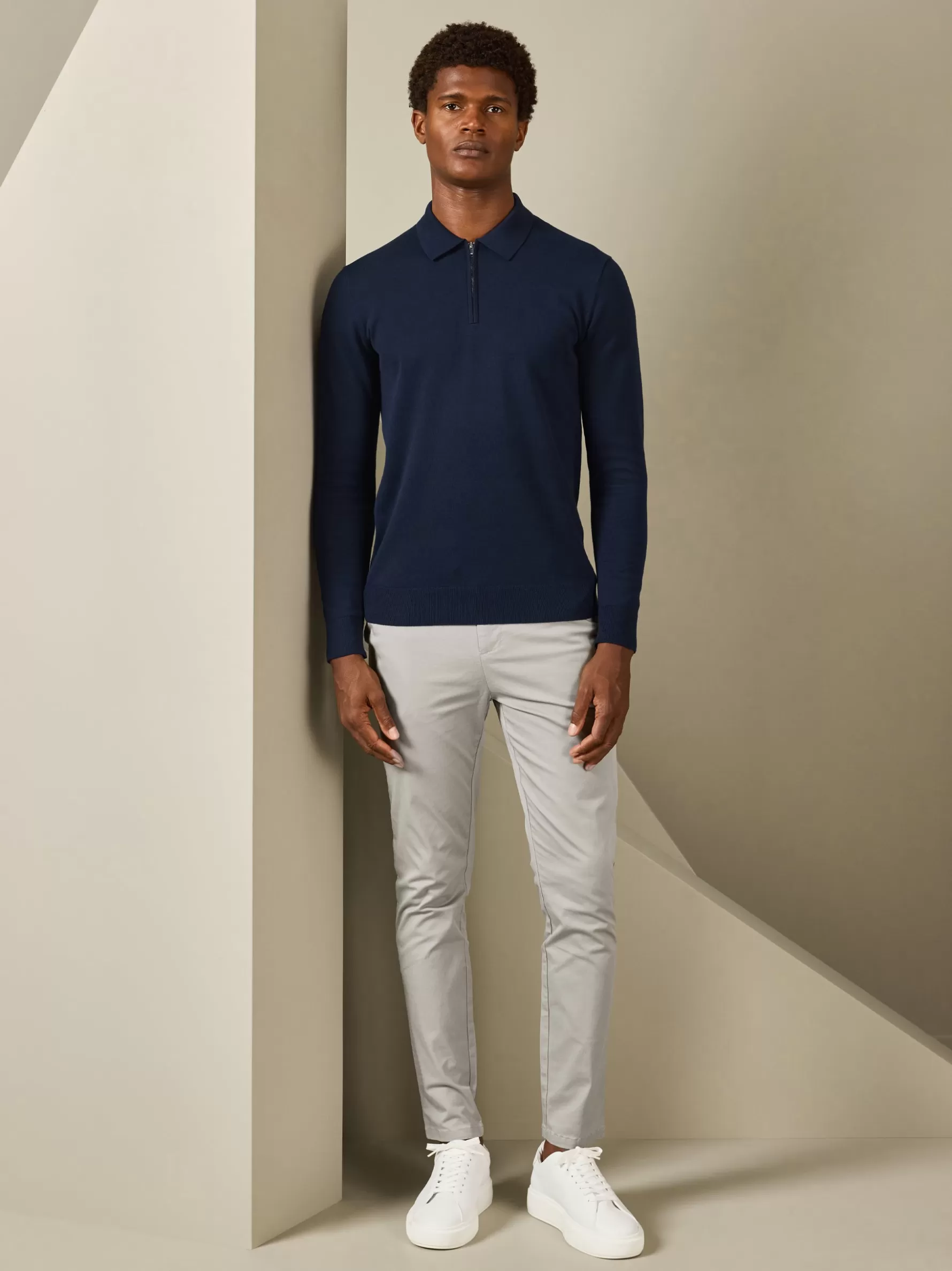 ARNE Cotton Knitted Long Sleeve Half Zip Polo Shirt -