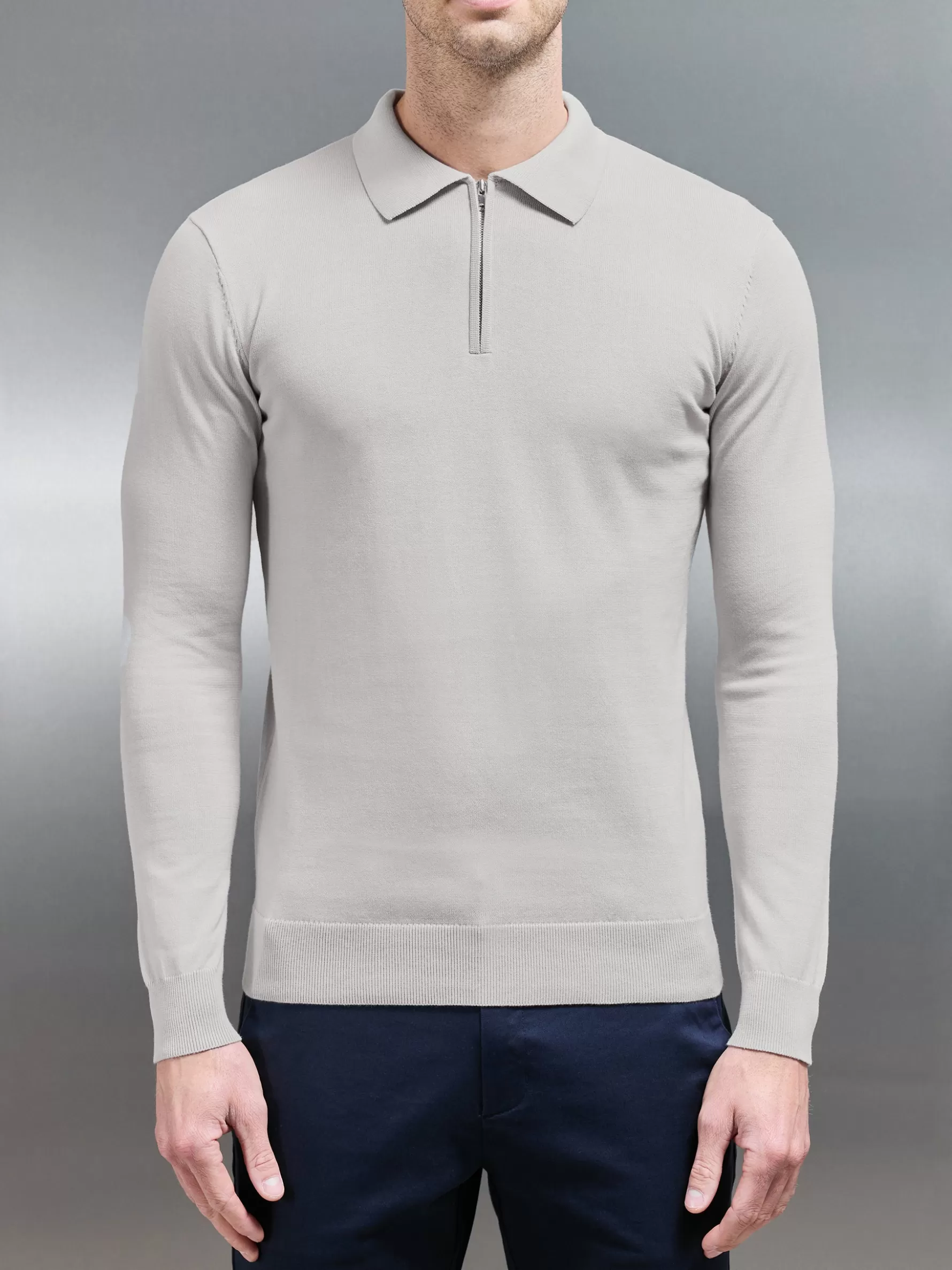 ARNE Cotton Knitted Long Sleeve Half Zip Polo Shirt -