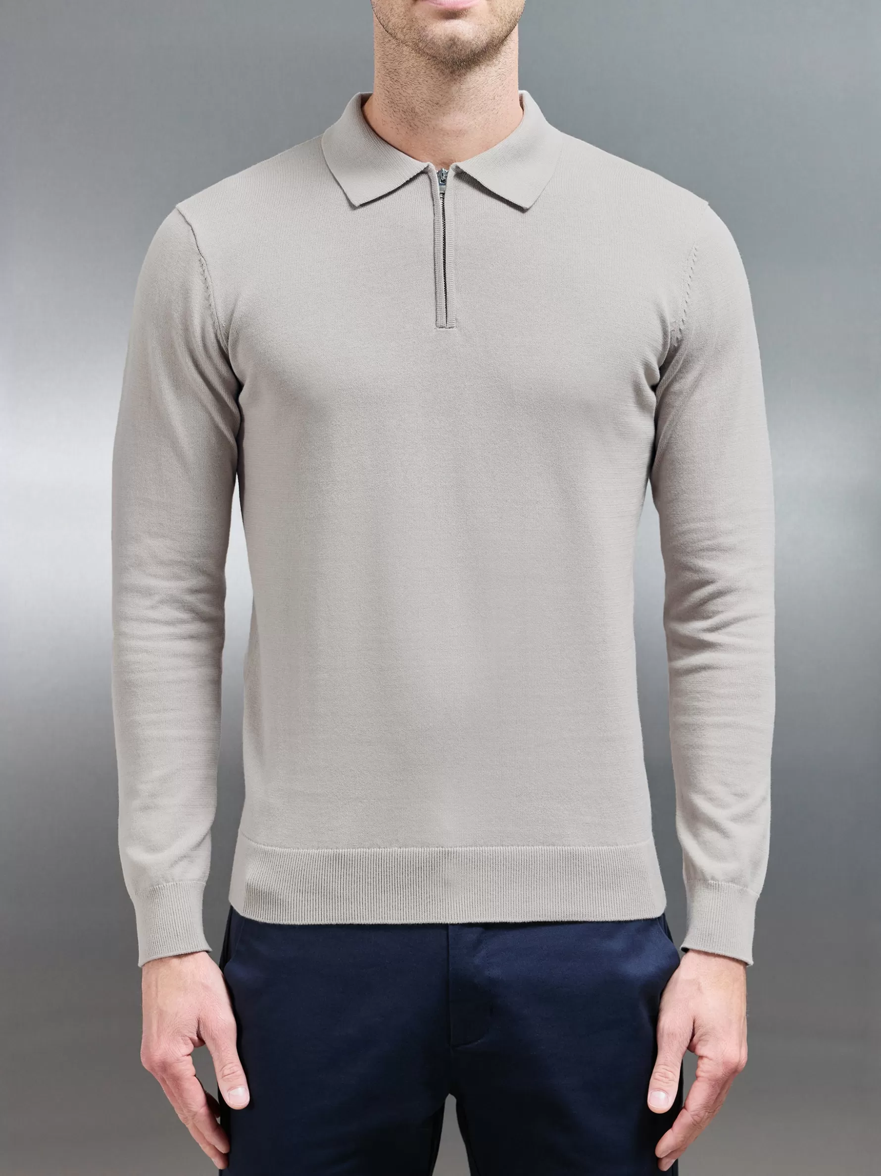 ARNE Cotton Knitted Long Sleeve Half Zip Polo Shirt -