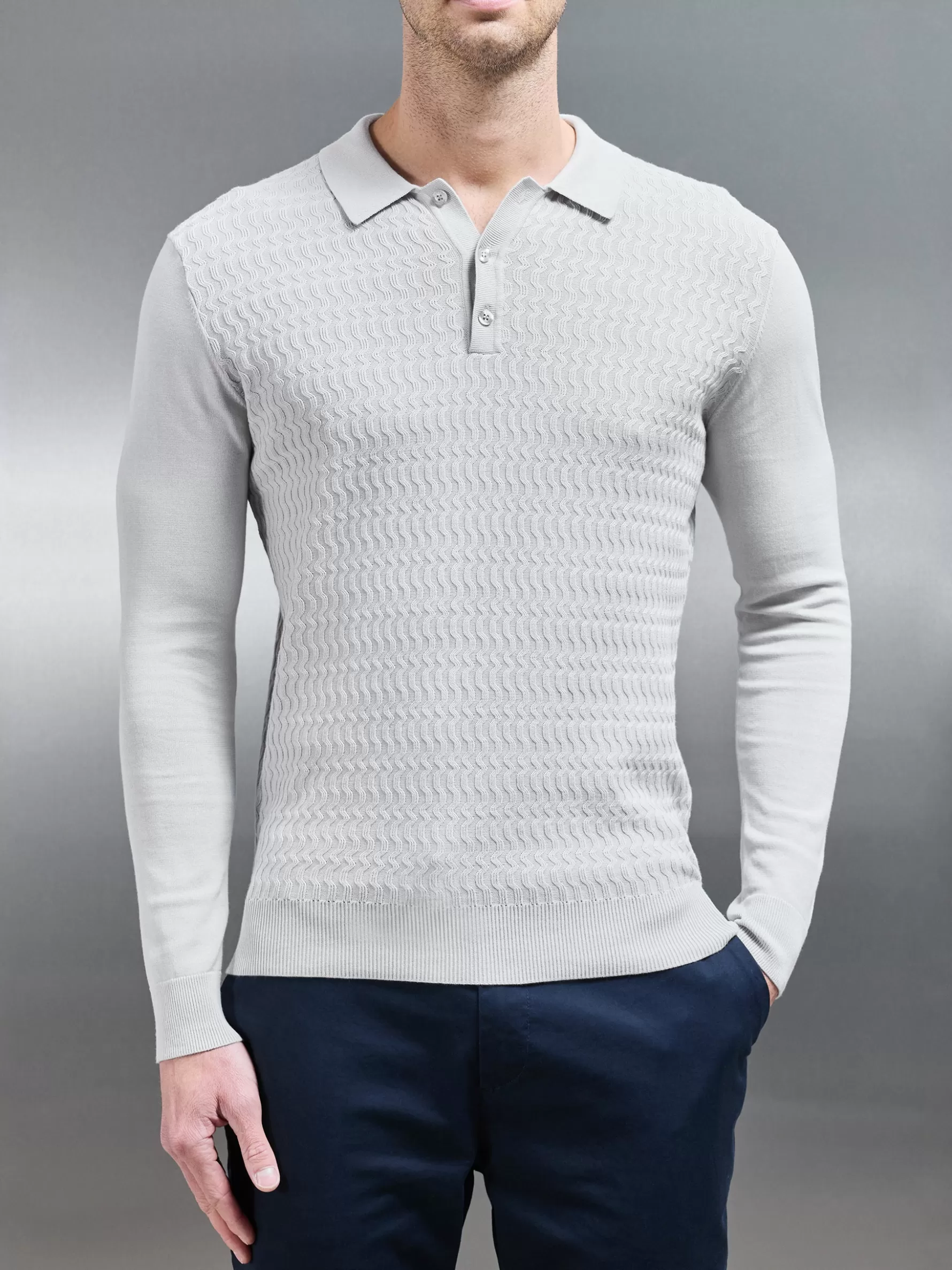 ARNE Cotton Knitted Long Sleeve Textured Polo Shirt - Mid Grey