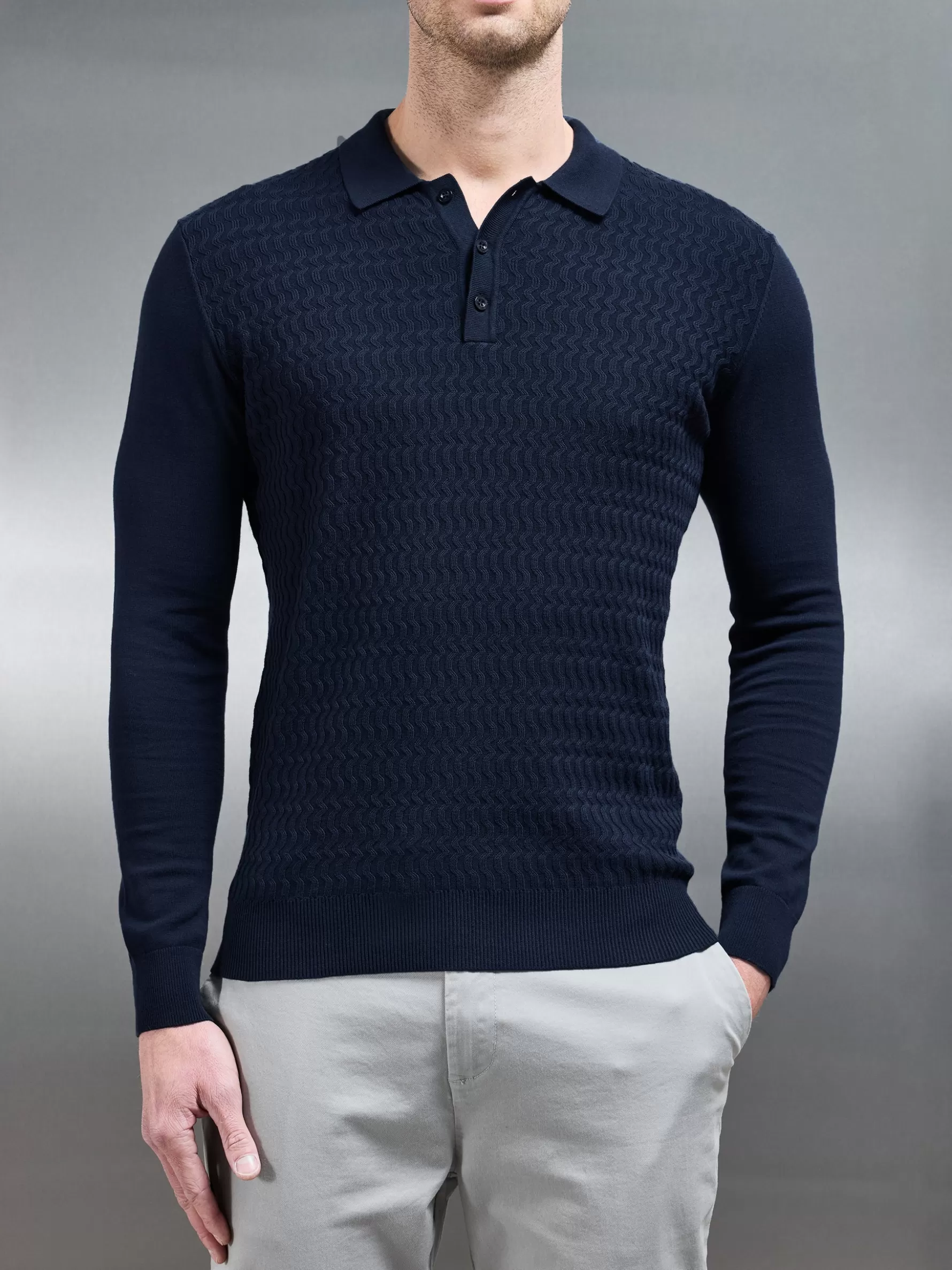 ARNE Cotton Knitted Long Sleeve Textured Polo Shirt -