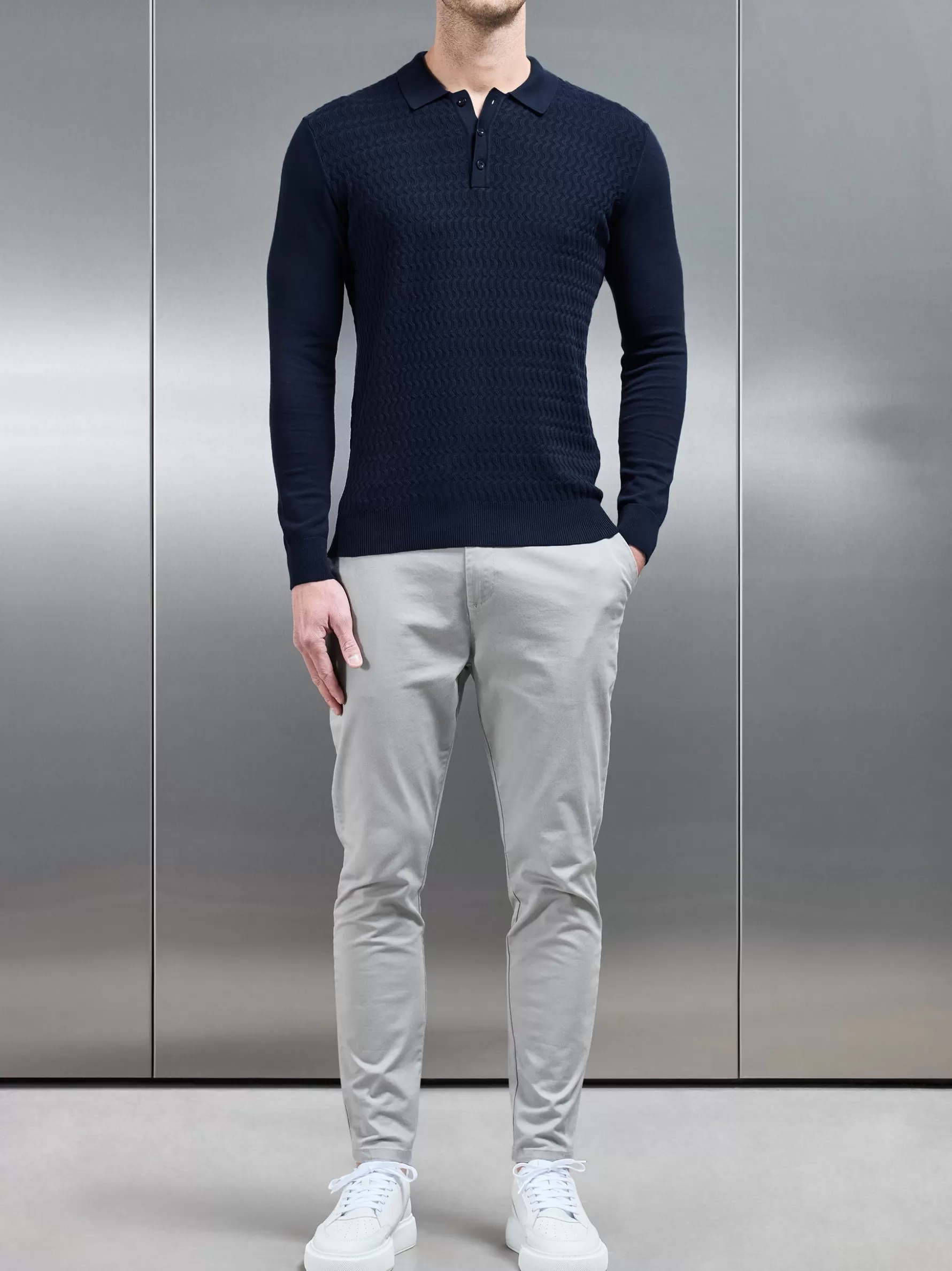 ARNE Cotton Knitted Long Sleeve Textured Polo Shirt -