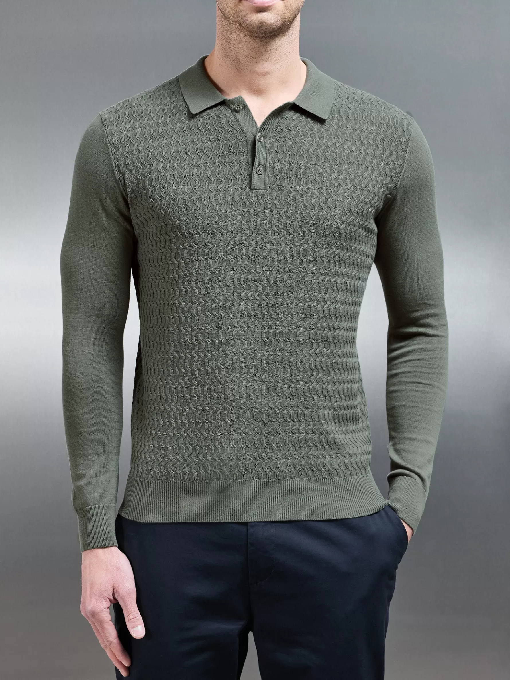 ARNE Cotton Knitted Long Sleeve Textured Polo Shirt -