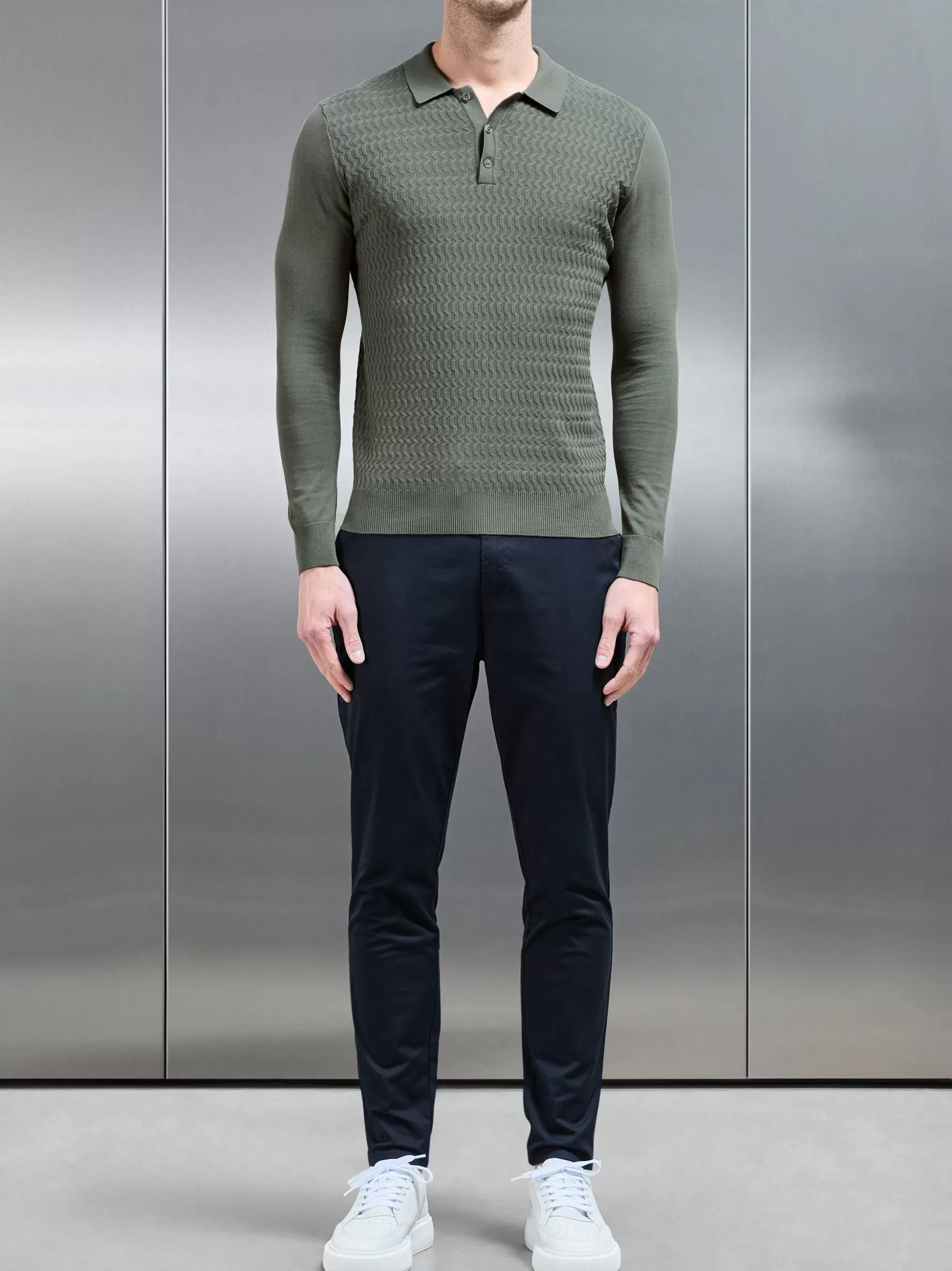 ARNE Cotton Knitted Long Sleeve Textured Polo Shirt -