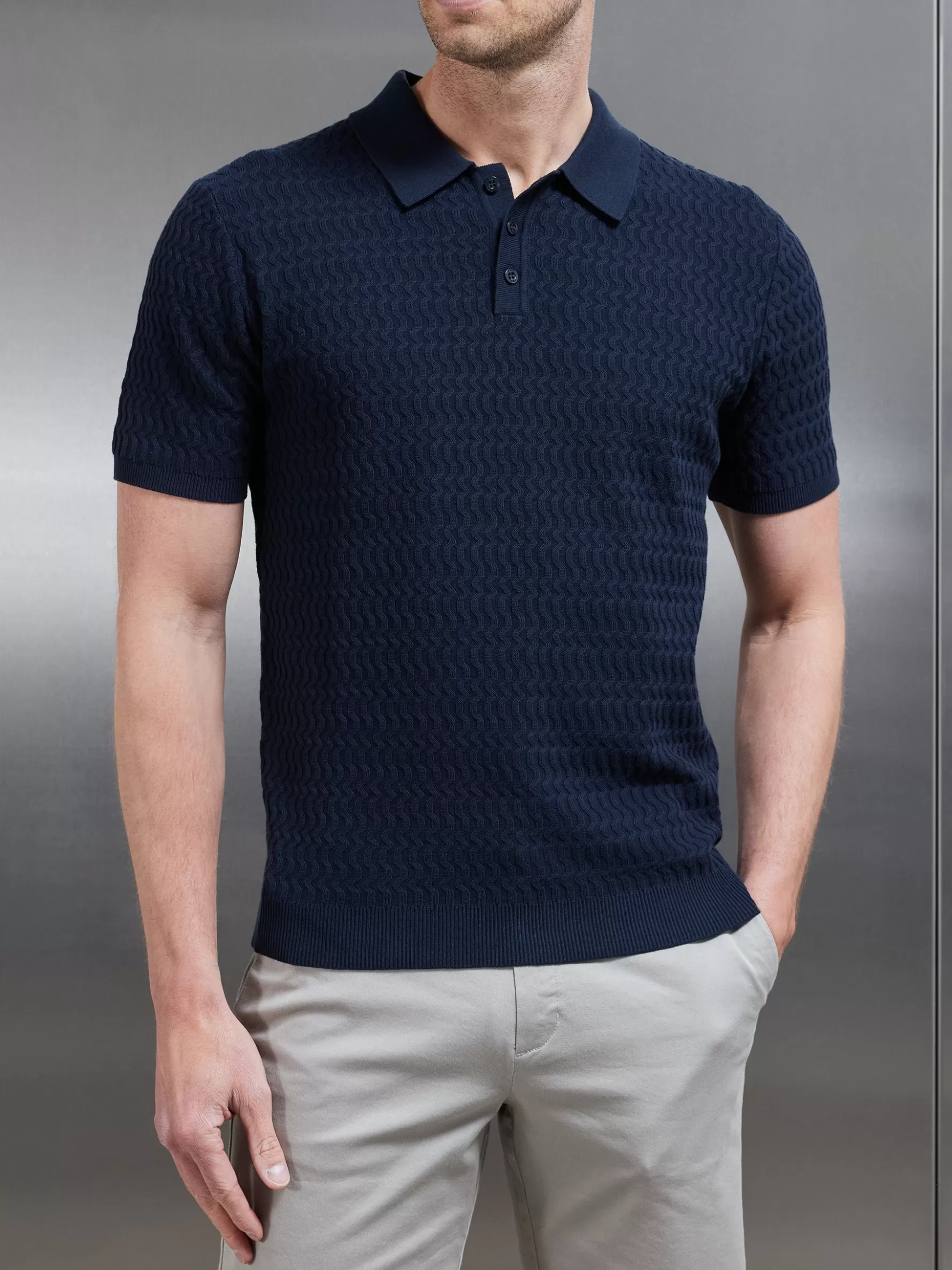 ARNE Cotton Knitted Textured Button Polo Shirt -