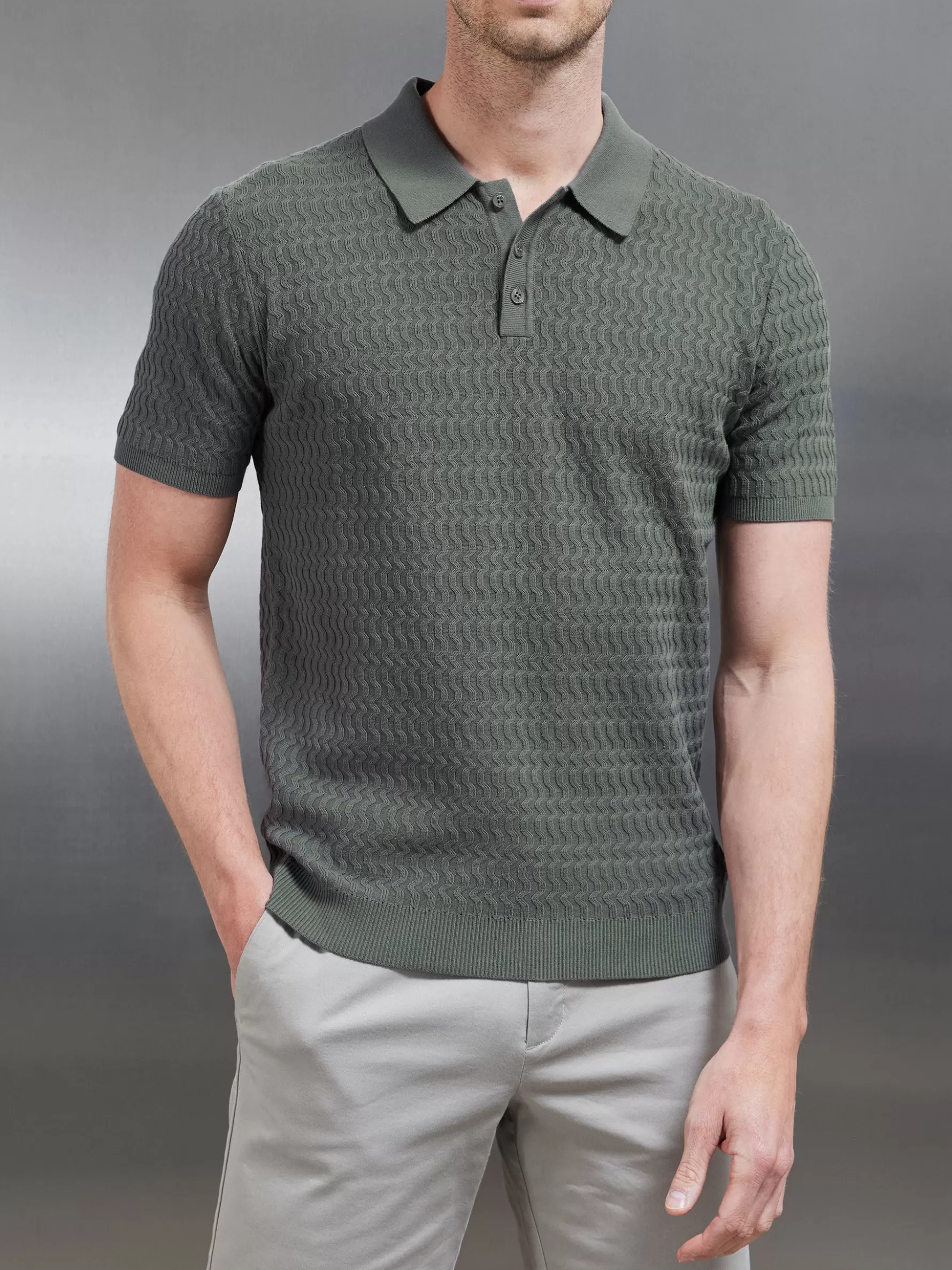 ARNE Cotton Knitted Textured Button Polo Shirt -