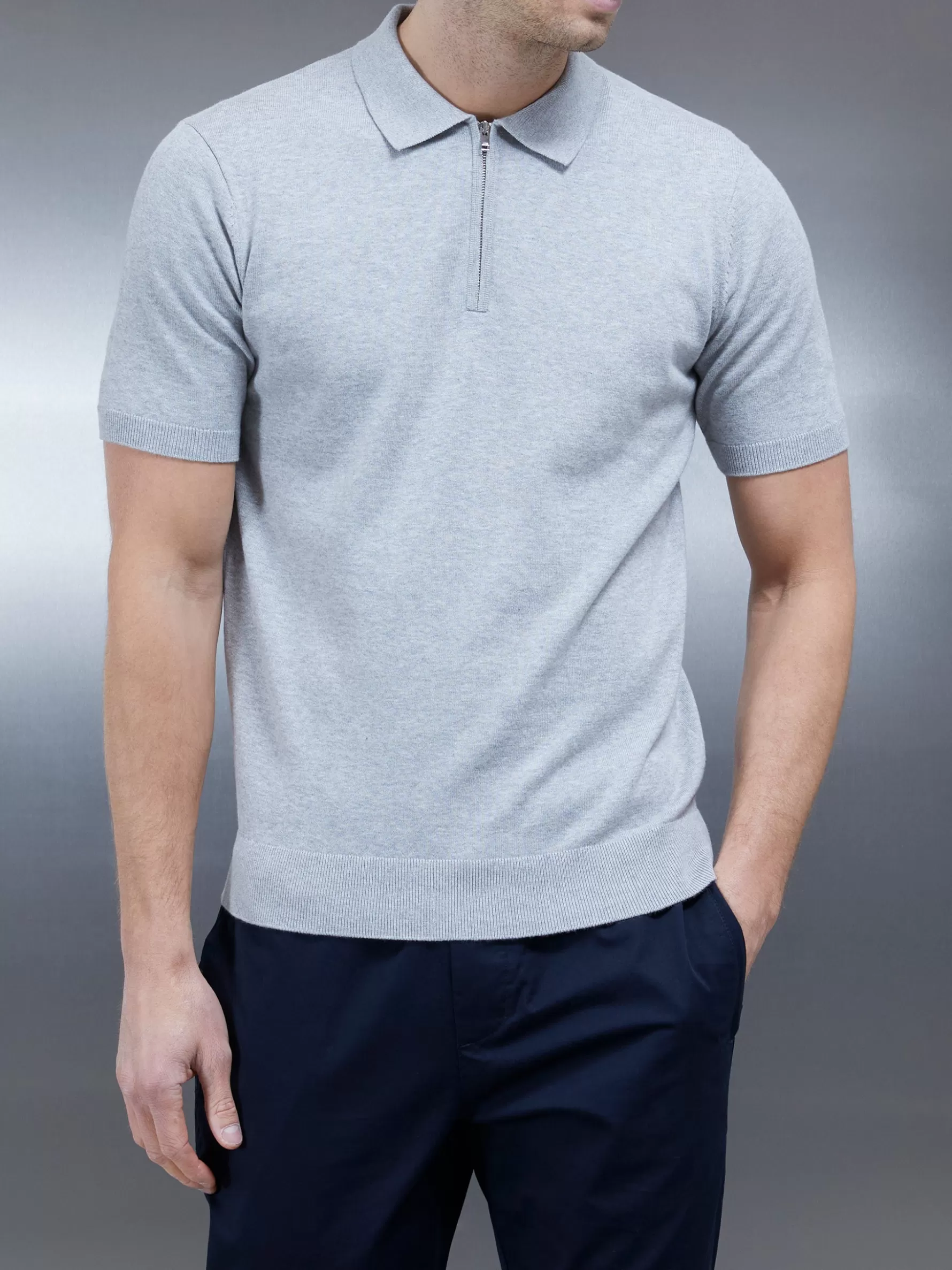 ARNE Cotton Knitted Zip Polo Shirt - Marl Grey