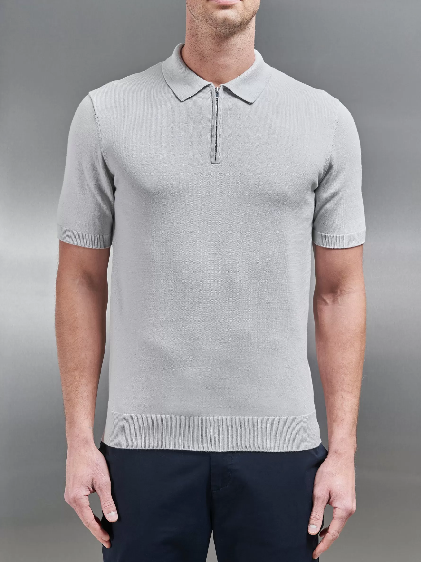 ARNE Cotton Knitted Zip Polo Shirt - Mid Grey