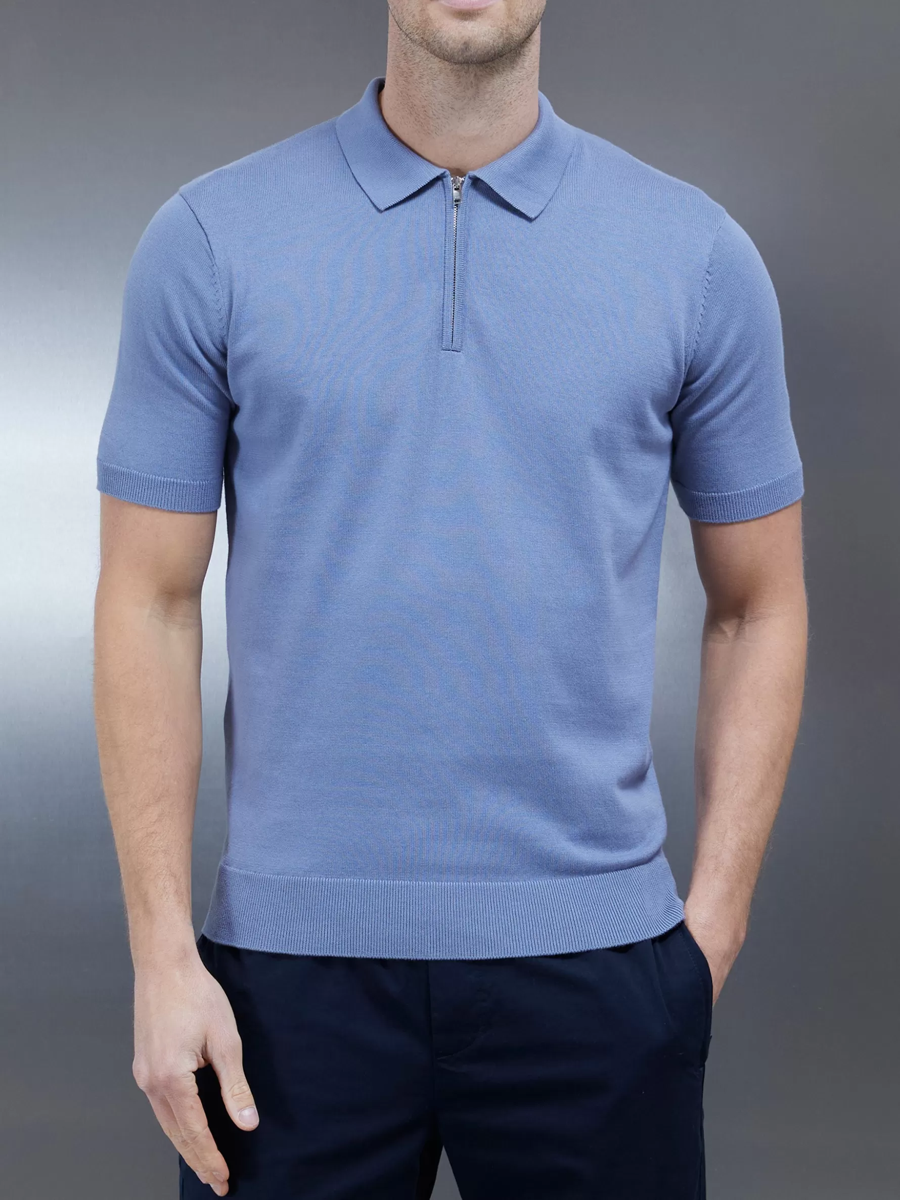 ARNE Cotton Knitted Zip Polo Shirt - Silk Blue