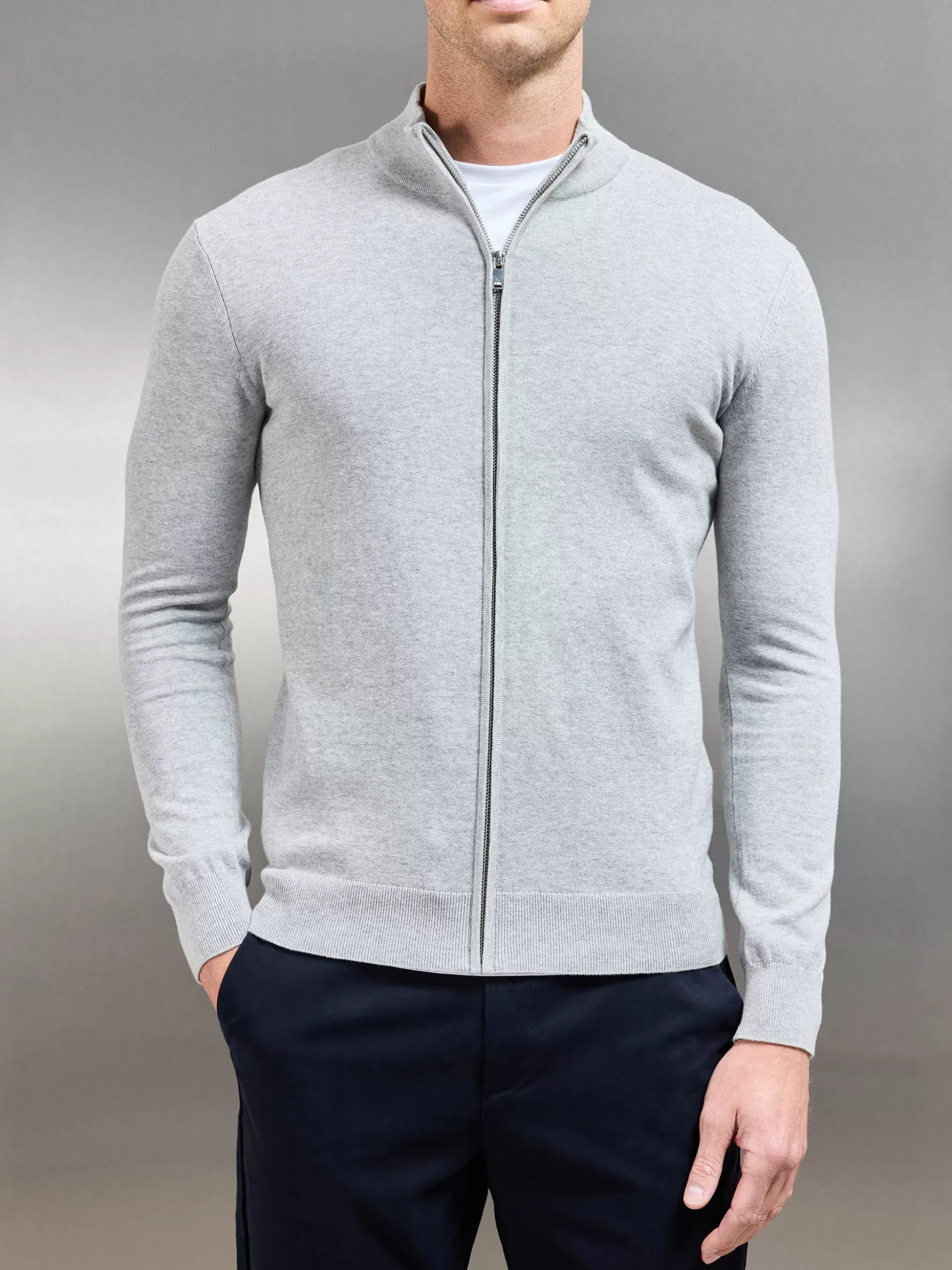 ARNE Cotton Knitted Zip Through Jacket - Marl Grey