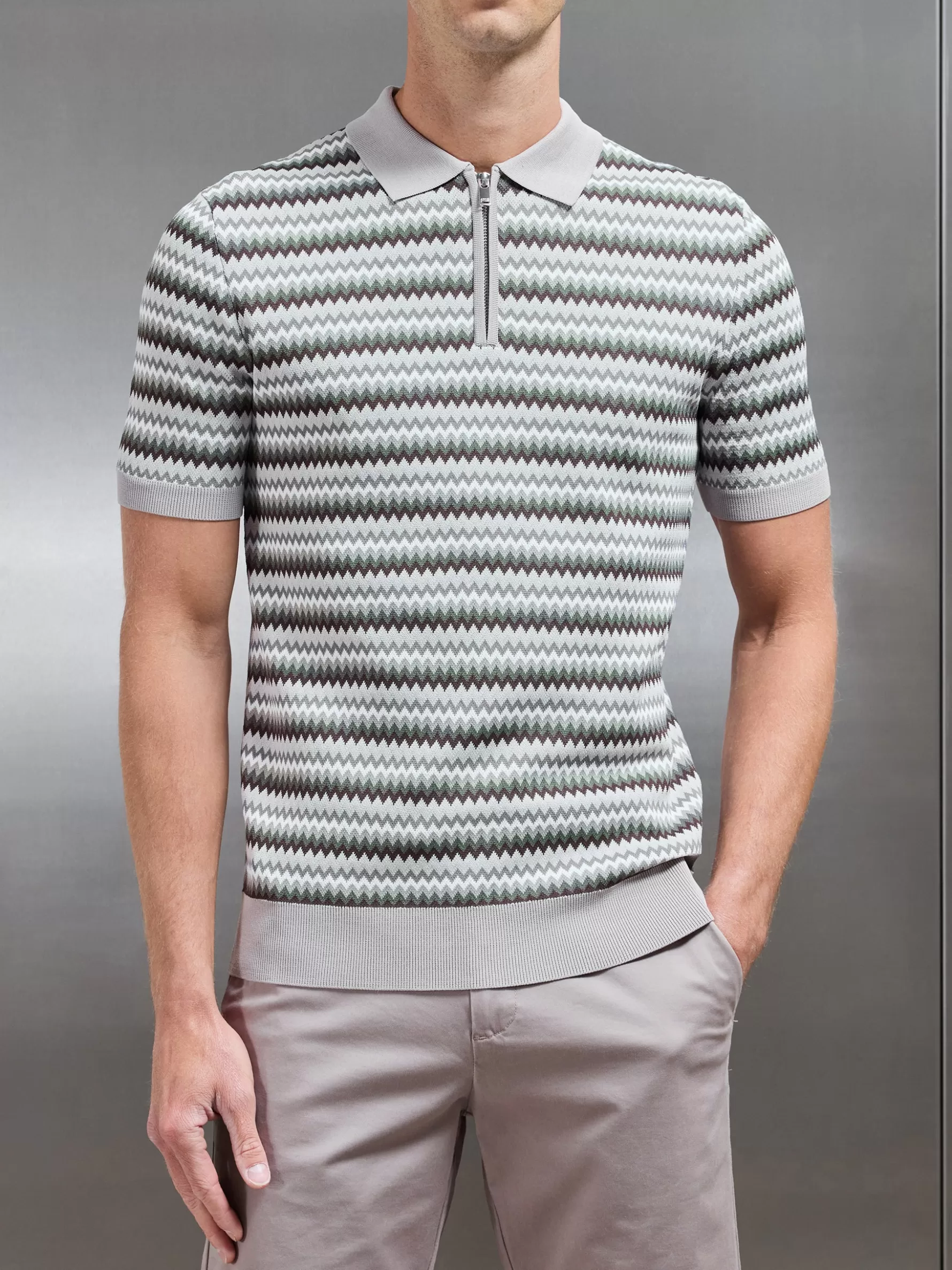 ARNE Jacquard Zig Zag Knitted Zip Polo Shirt -