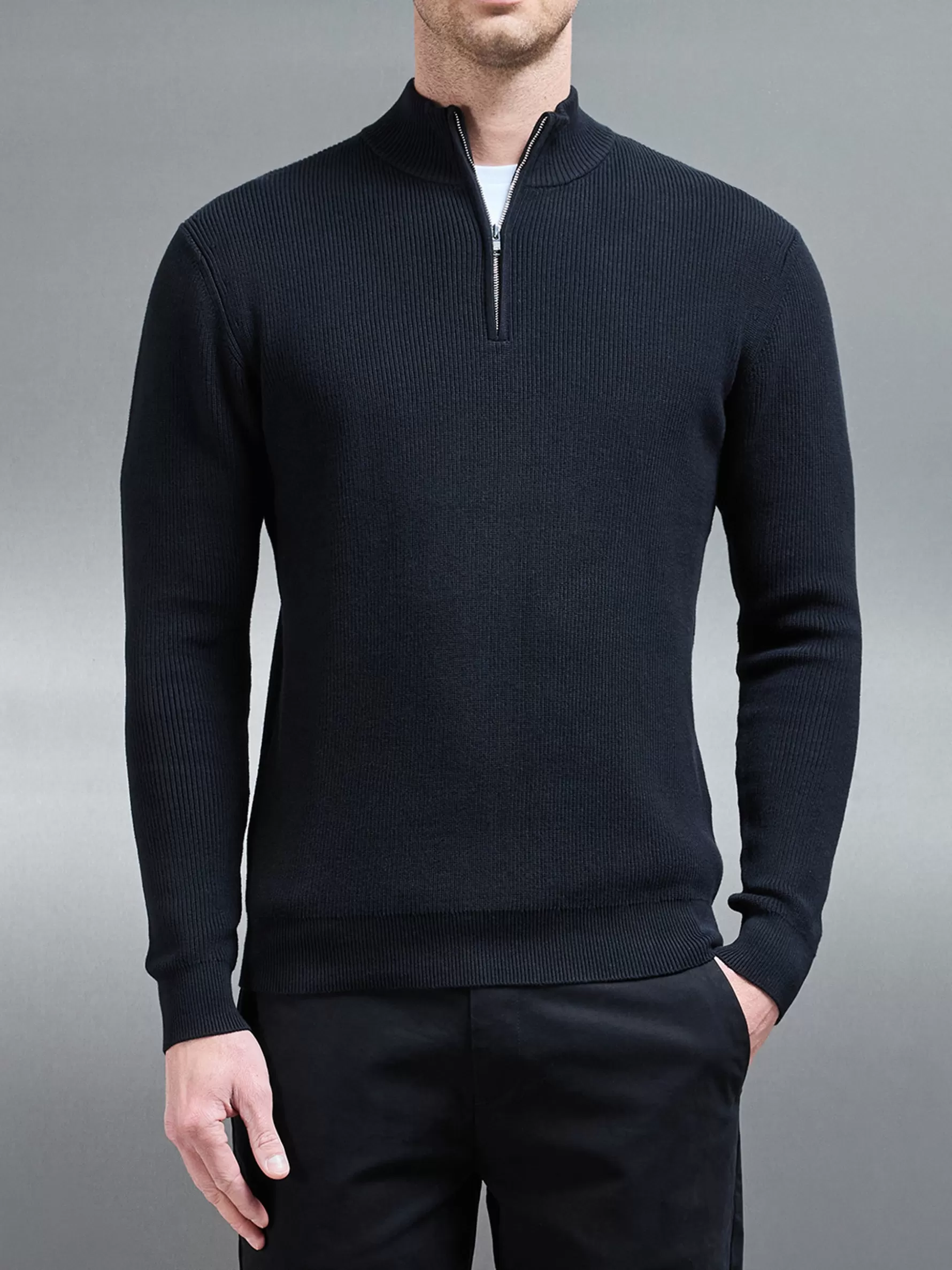 ARNE Knitted Ribbed Half Zip Funnel Neck Jumper -