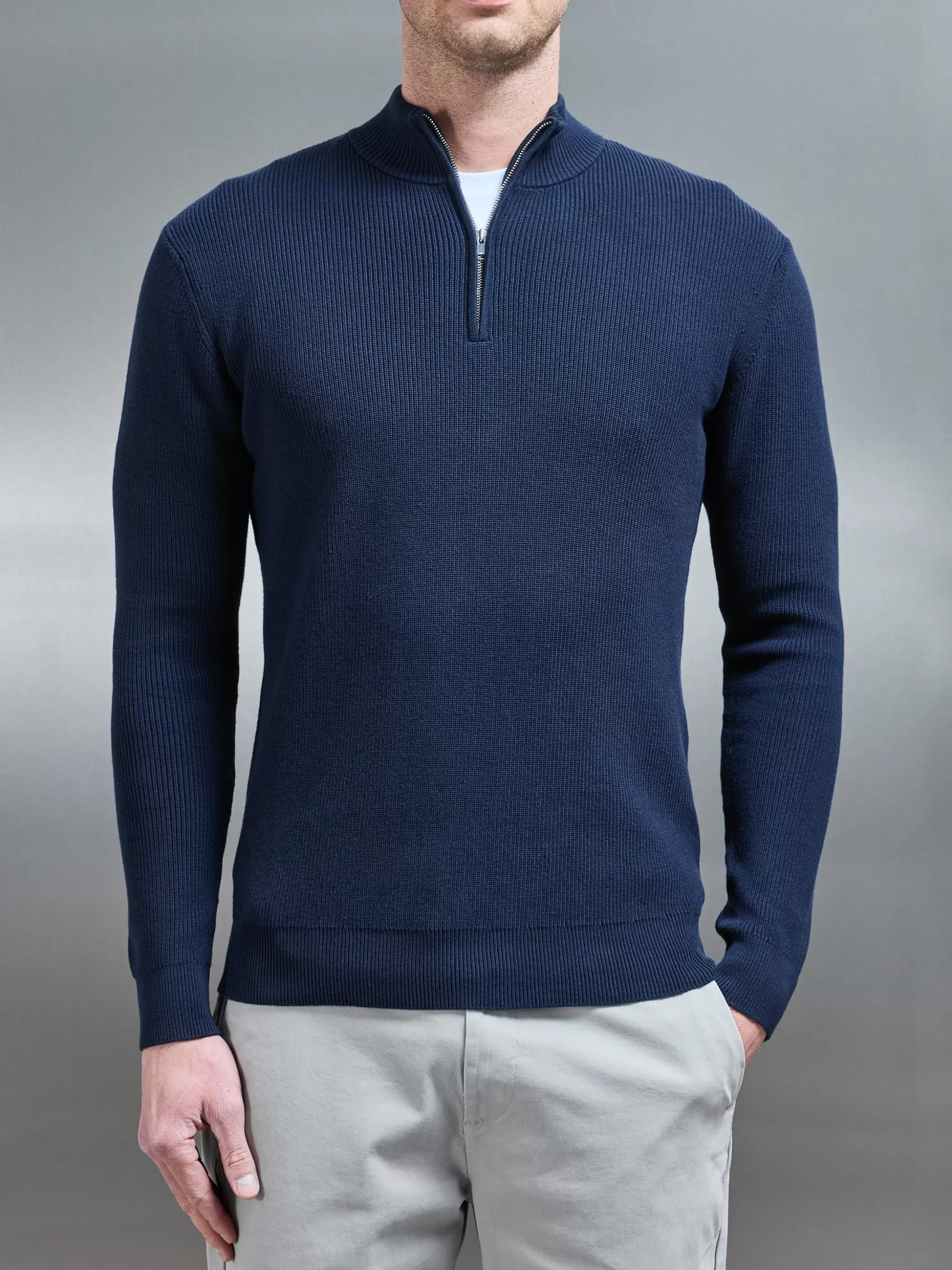 ARNE Knitted Ribbed Half Zip Funnel Neck Jumper -