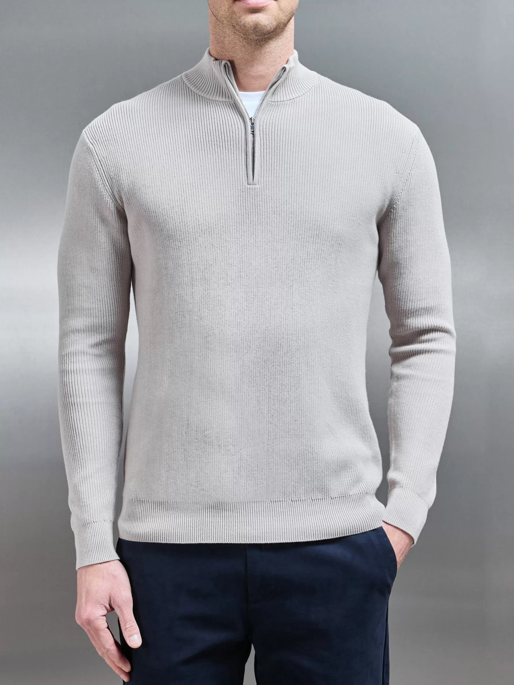 ARNE Knitted Ribbed Half Zip Funnel Neck Jumper -