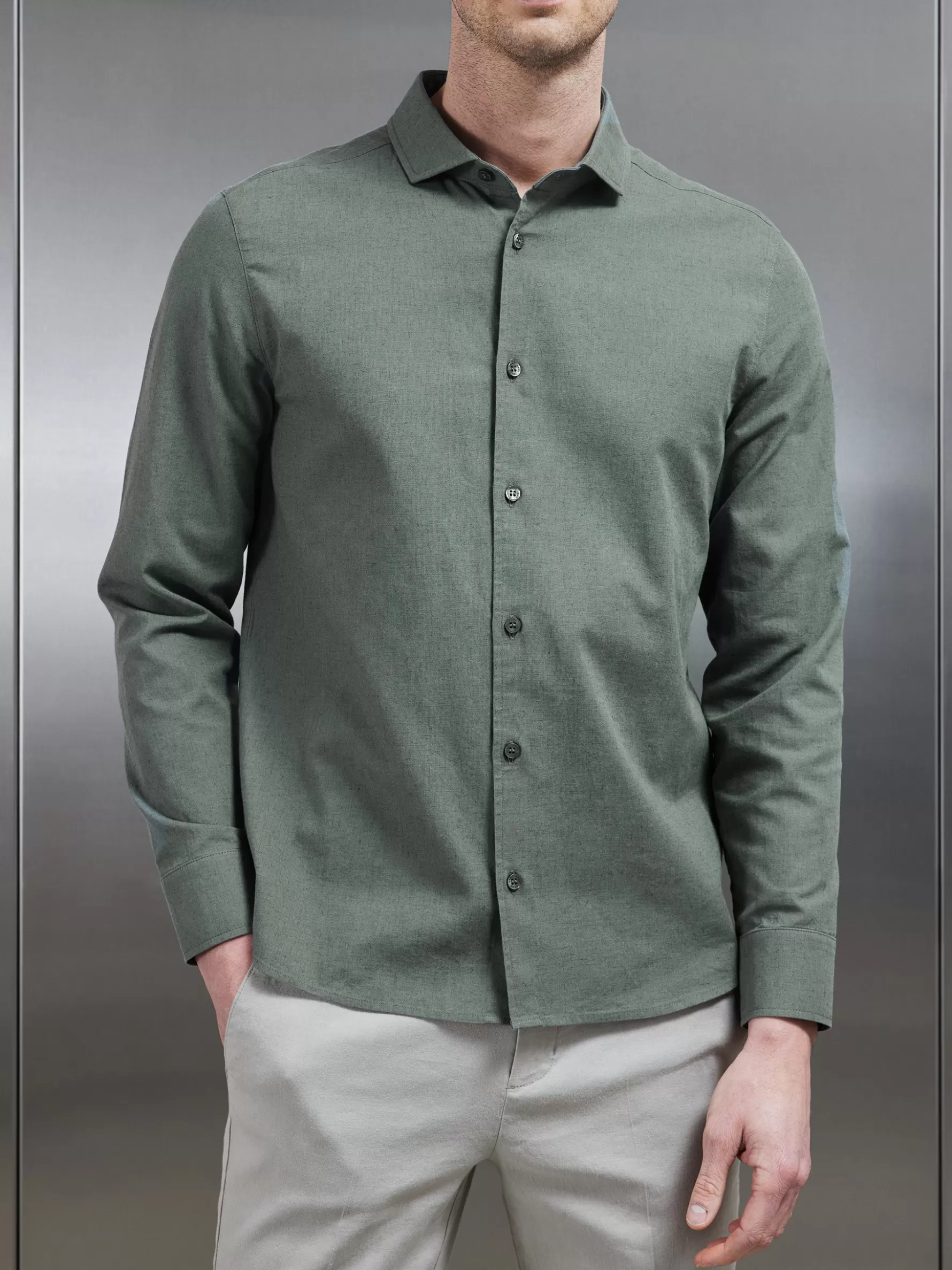 ARNE Linen Long Sleeve Cutaway Collar Shirt -