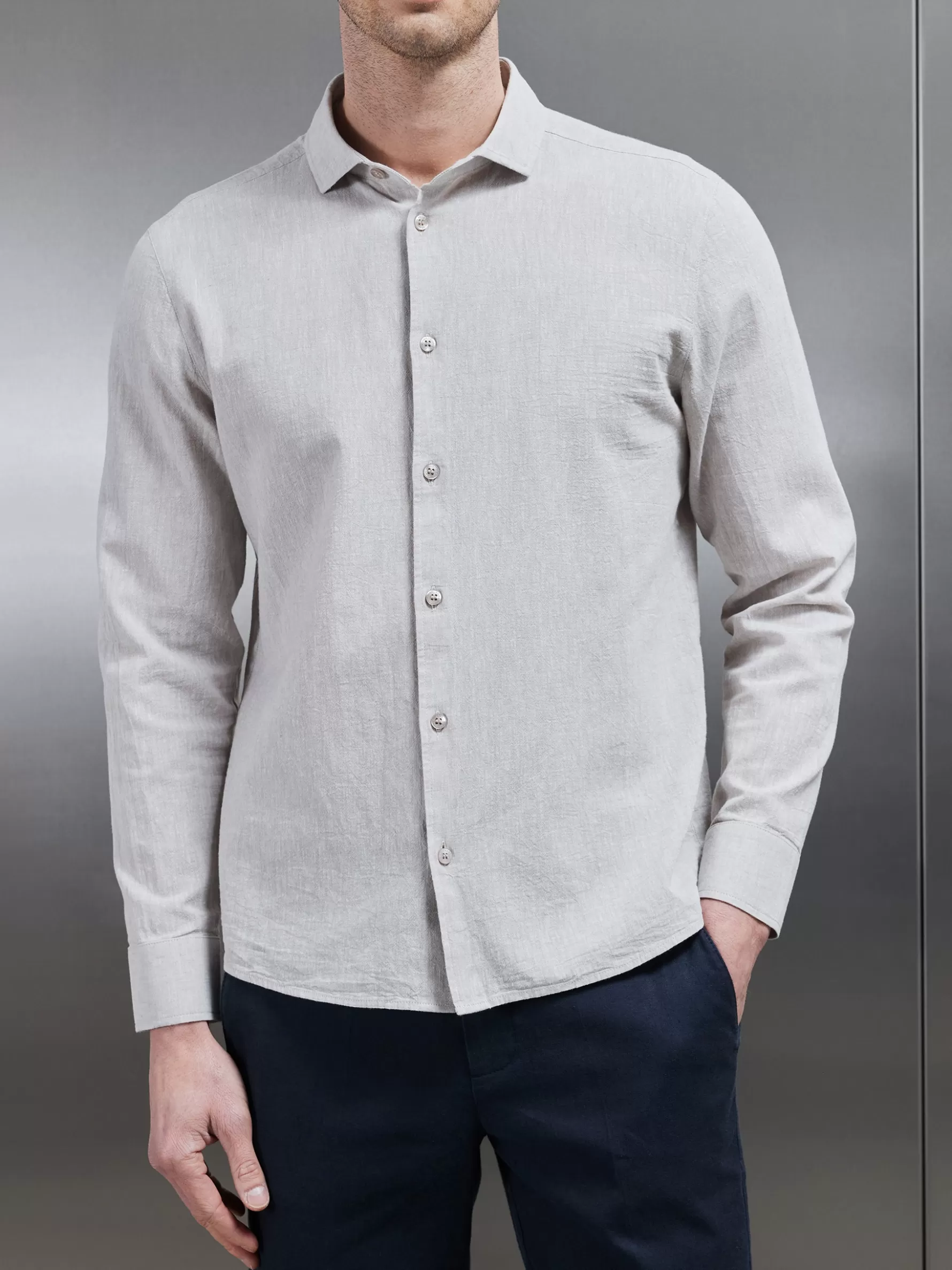 ARNE Linen Long Sleeve Cutaway Collar Shirt -