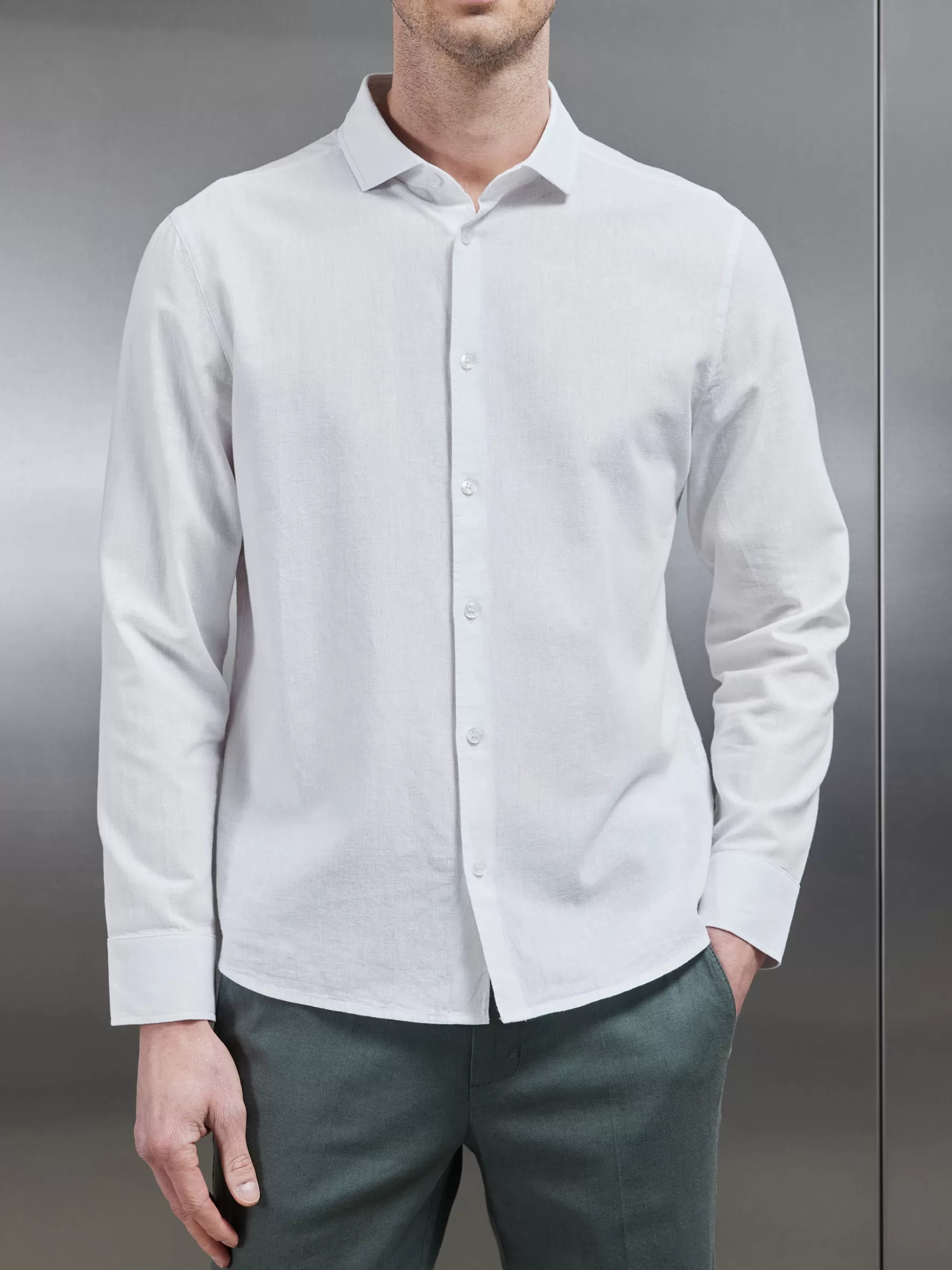 ARNE Linen Long Sleeve Cutaway Collar Shirt -