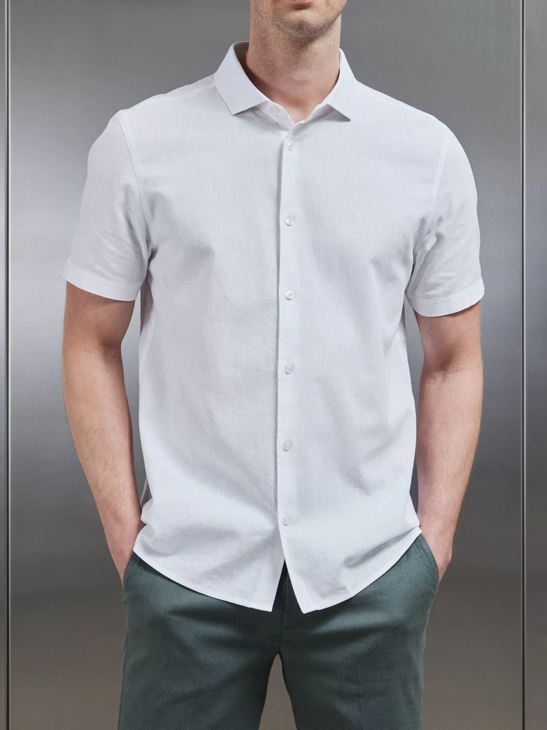 ARNE Linen Short Sleeve Cutaway Collar Shirt -