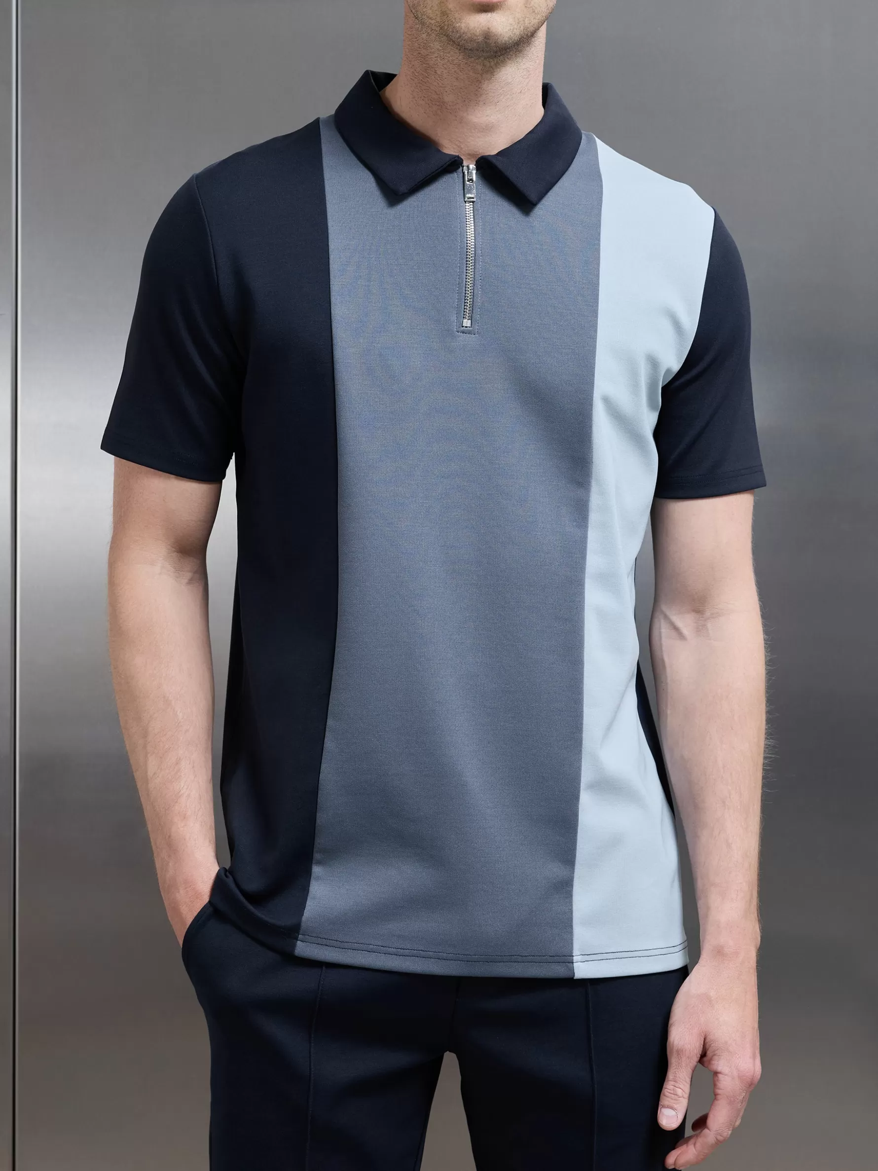 ARNE Luxe Colour Block Zip Polo Shirt -