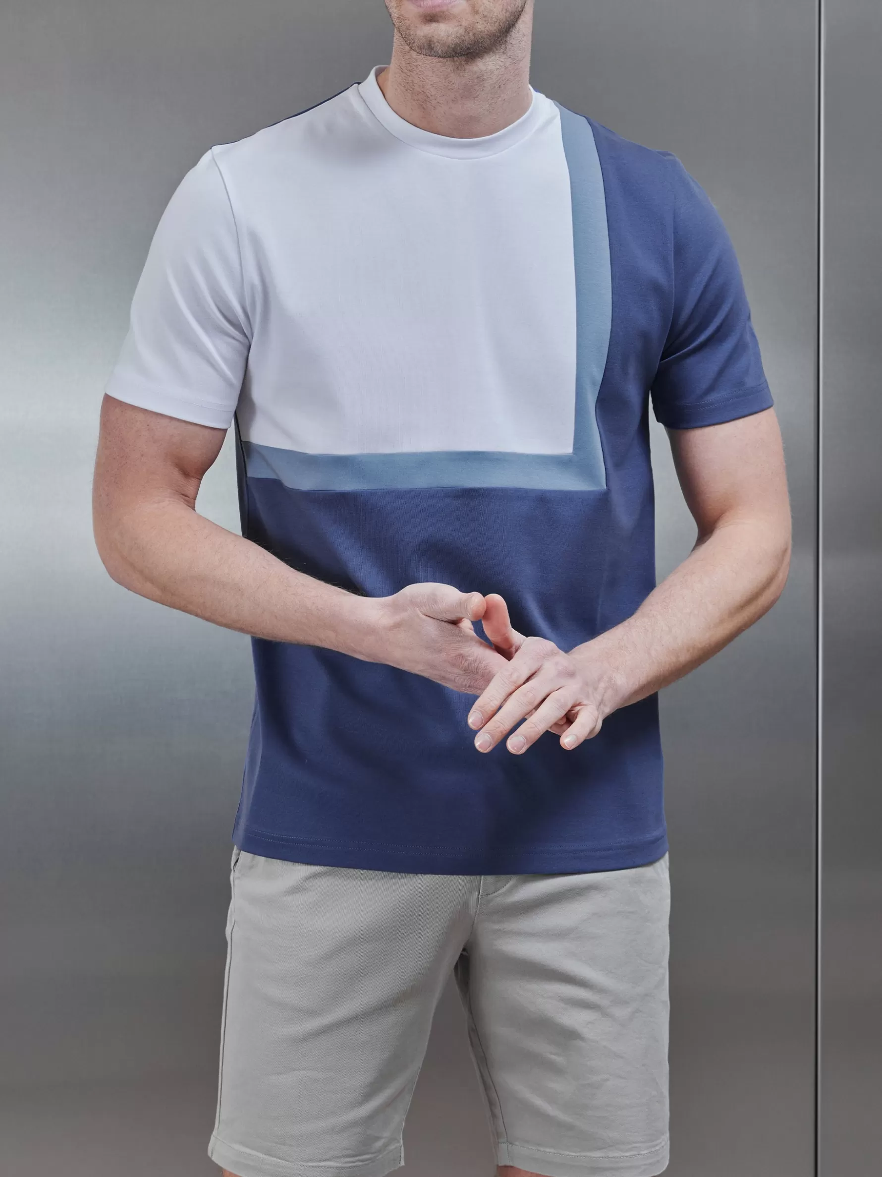 ARNE Mercerised Interlock Colour Block T-Shirt - Steel Blue