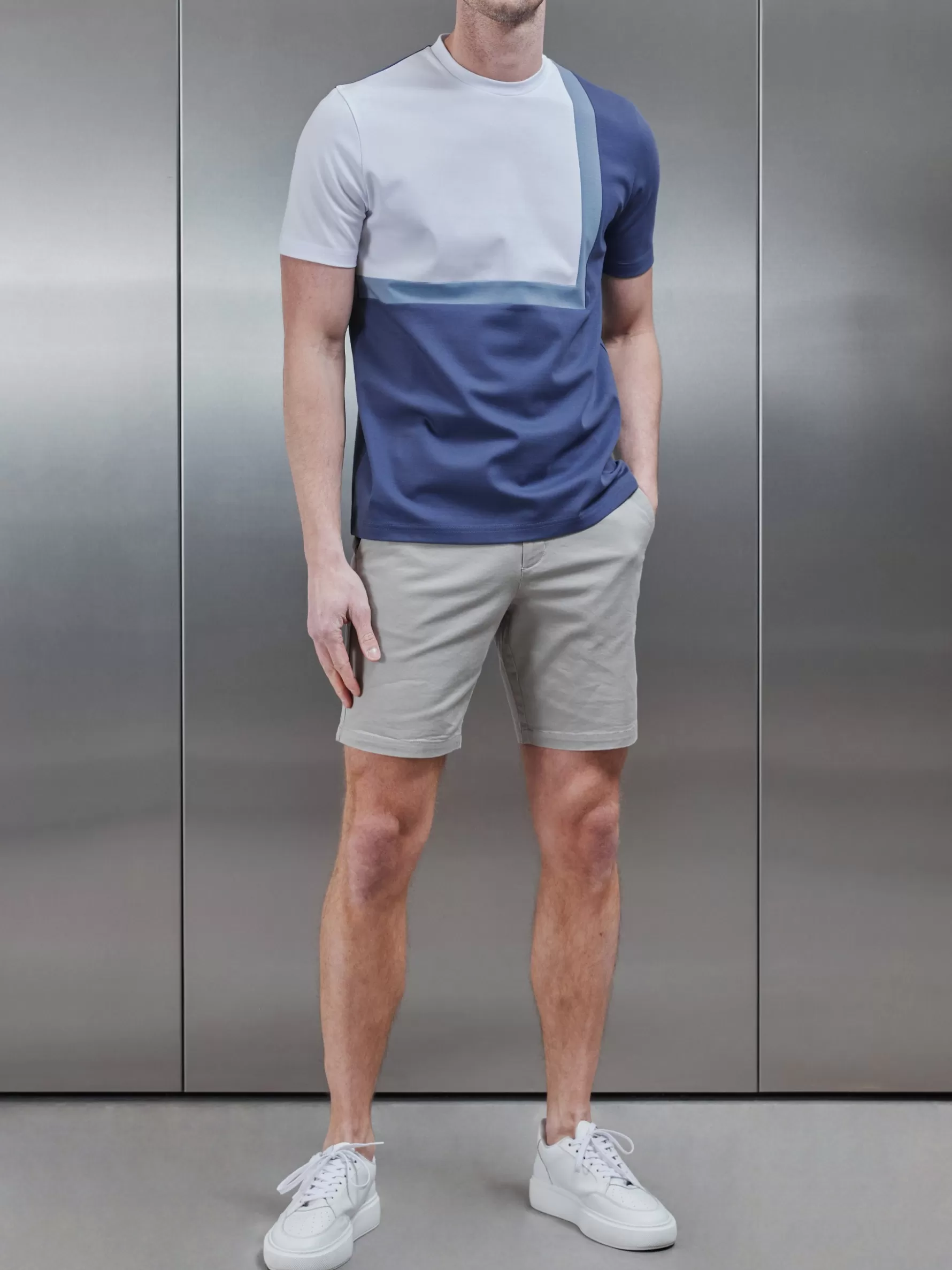 ARNE Mercerised Interlock Colour Block T-Shirt - Steel Blue