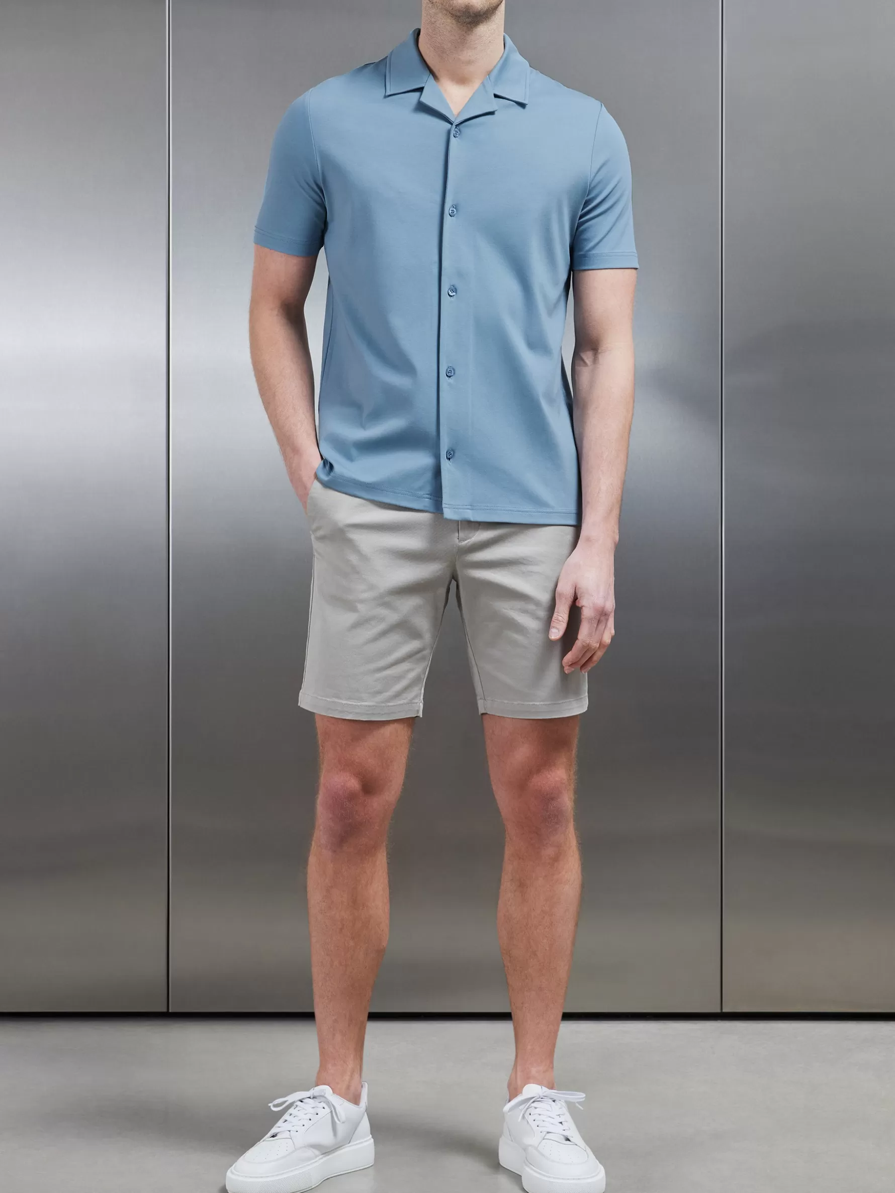 ARNE Mercerised Interlock Revere Collar Shirt - Light Blue