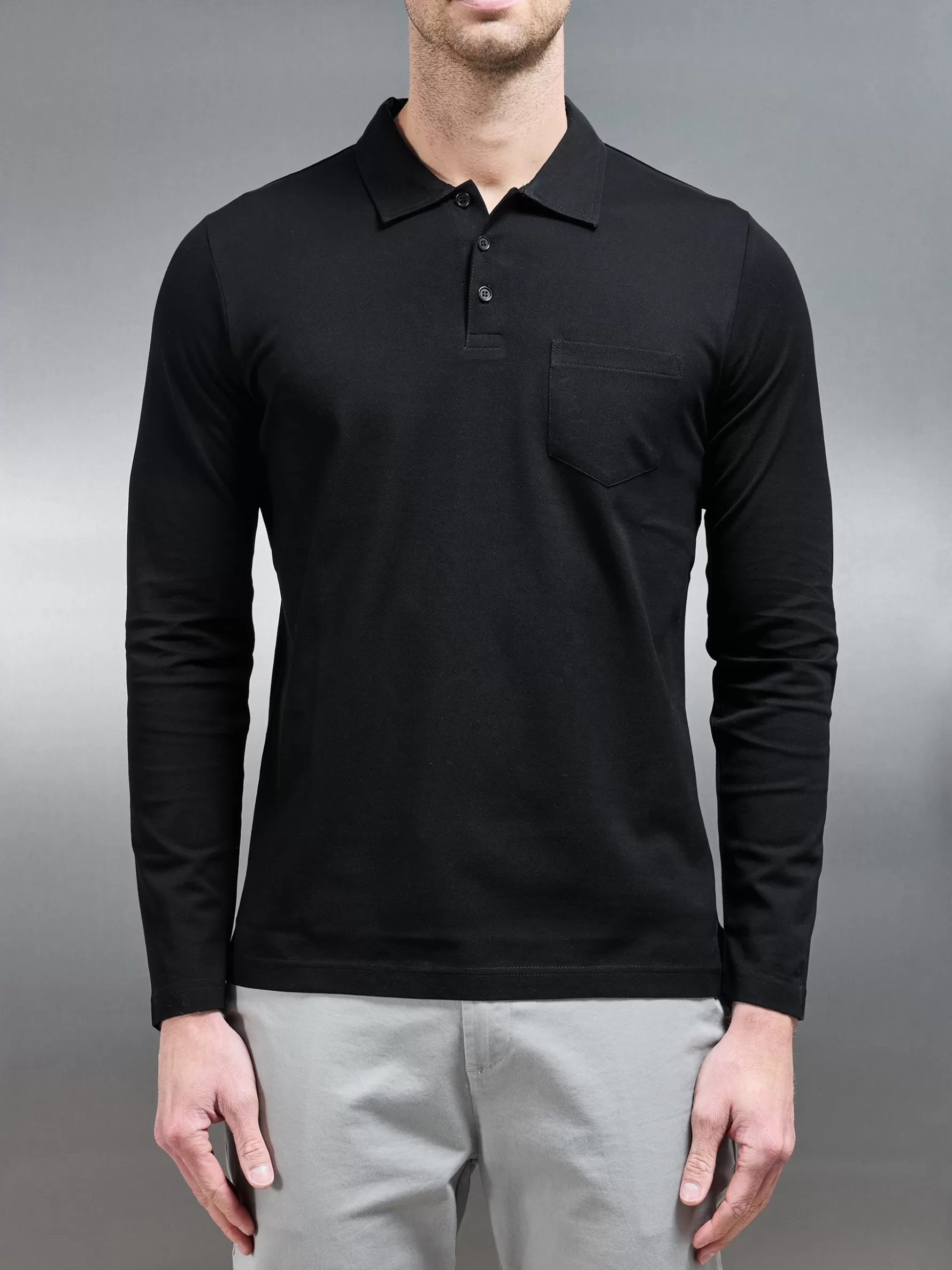 ARNE Mercerised Pique Long Sleeve Button Polo Shirt -