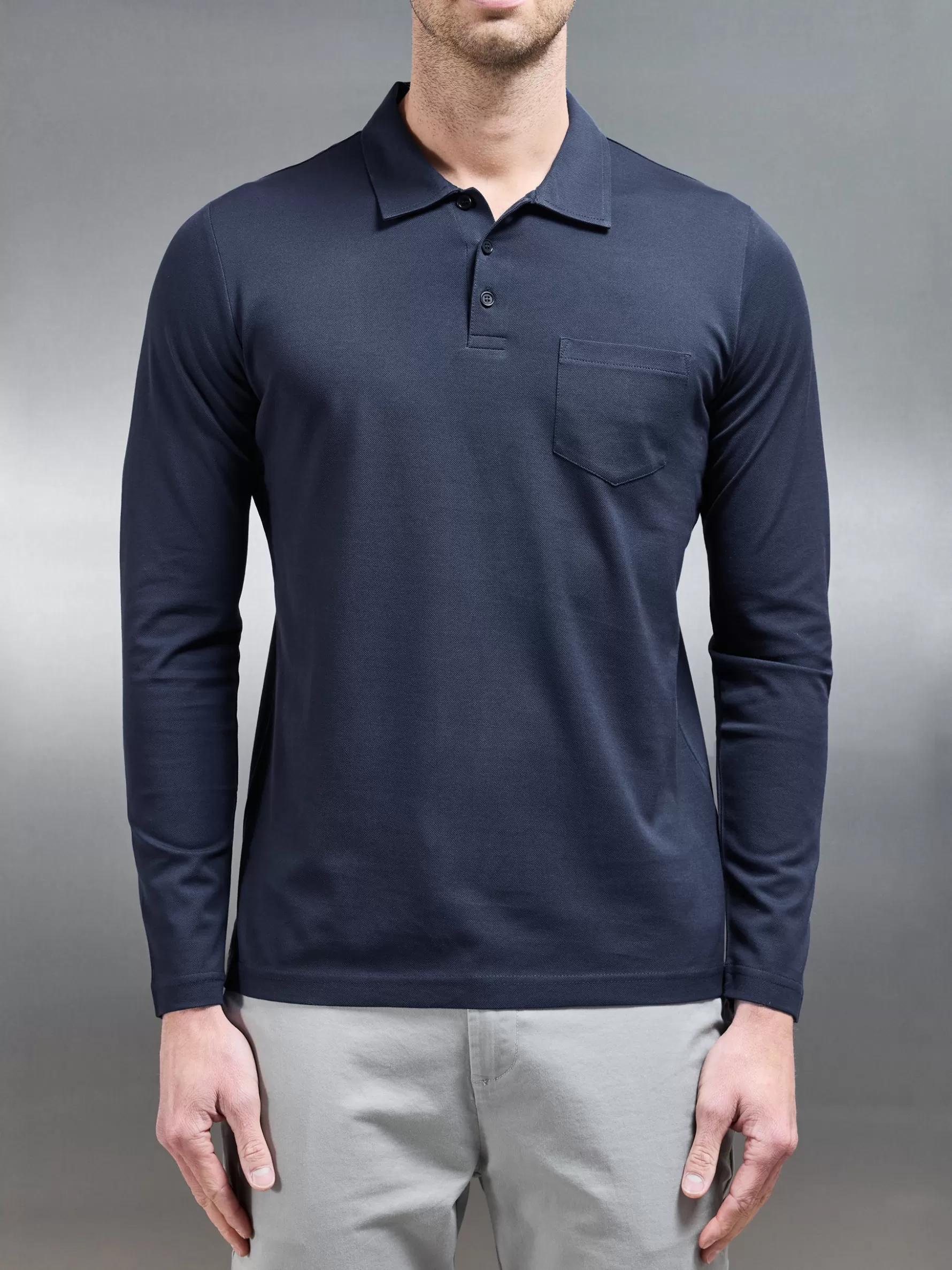 ARNE Mercerised Pique Long Sleeve Button Polo Shirt -