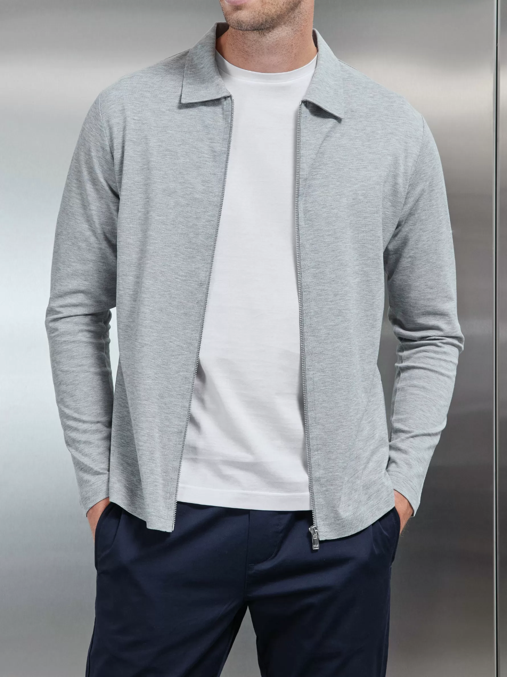 ARNE Mercerised Pique Zip Through Jacket - Marl Grey