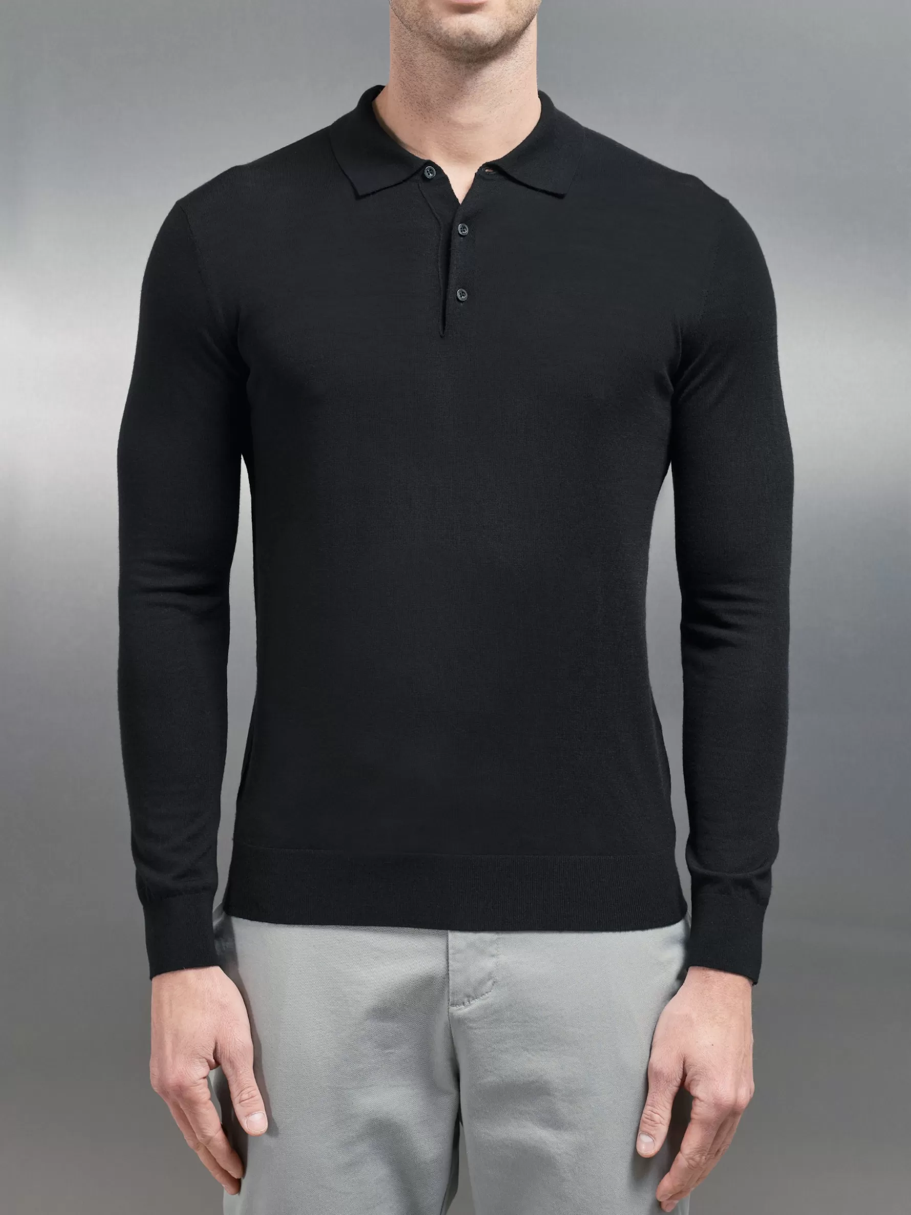 ARNE Merino Wool Long Sleeve Button Polo Shirt -