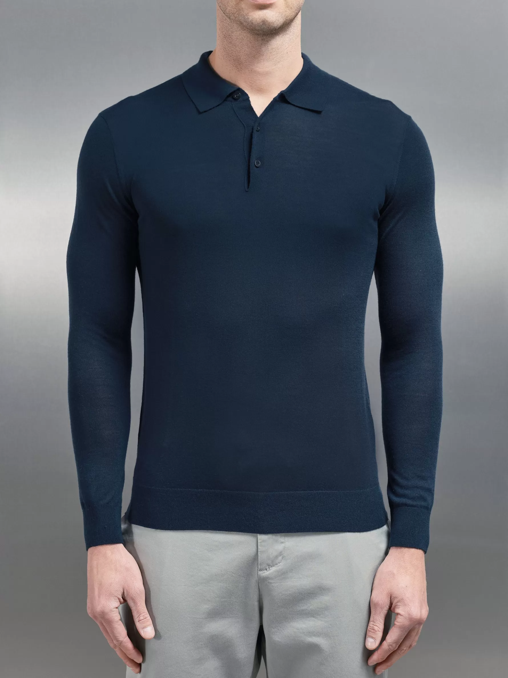 ARNE Merino Wool Long Sleeve Button Polo Shirt -