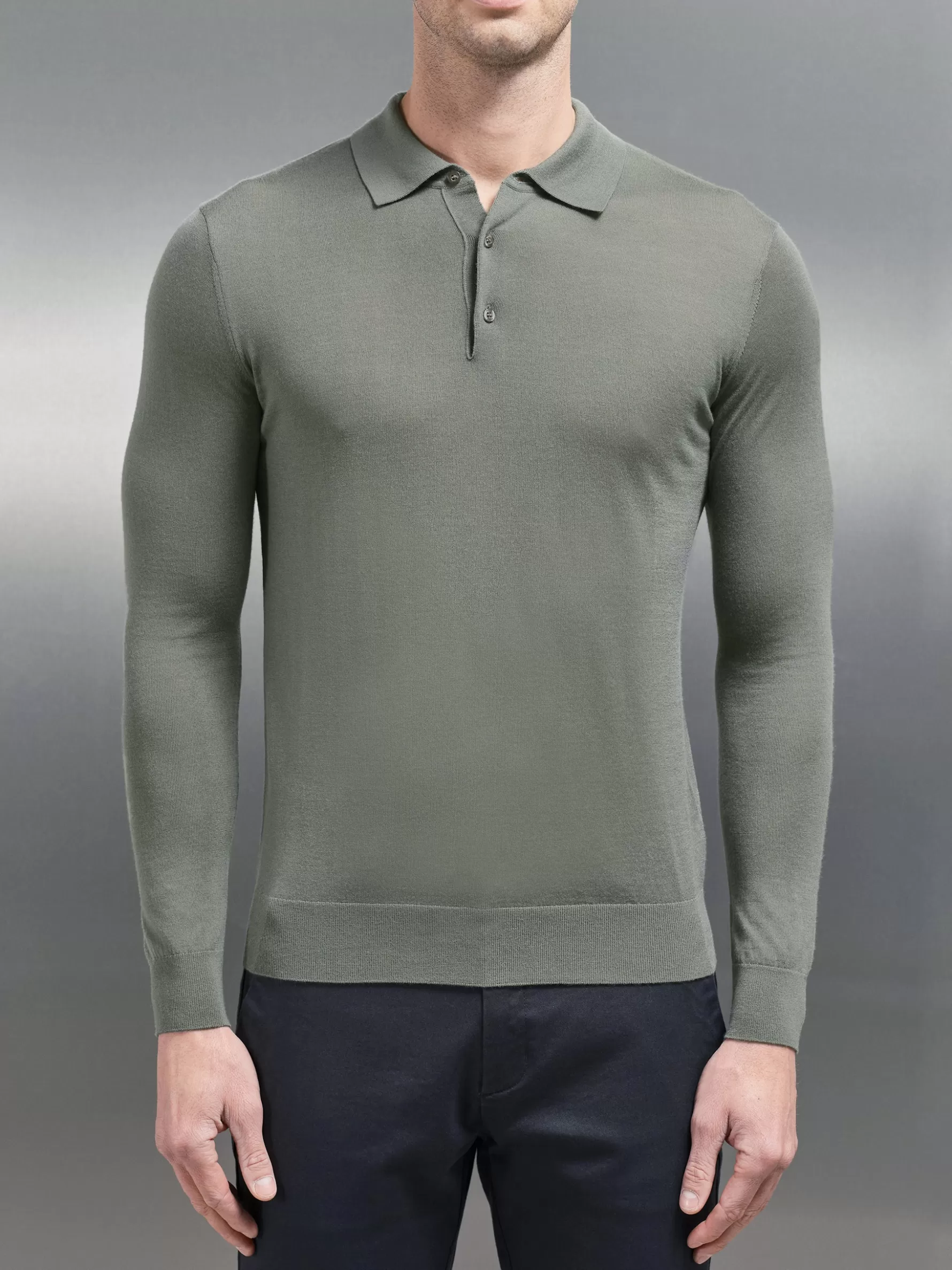 ARNE Merino Wool Long Sleeve Button Polo Shirt -