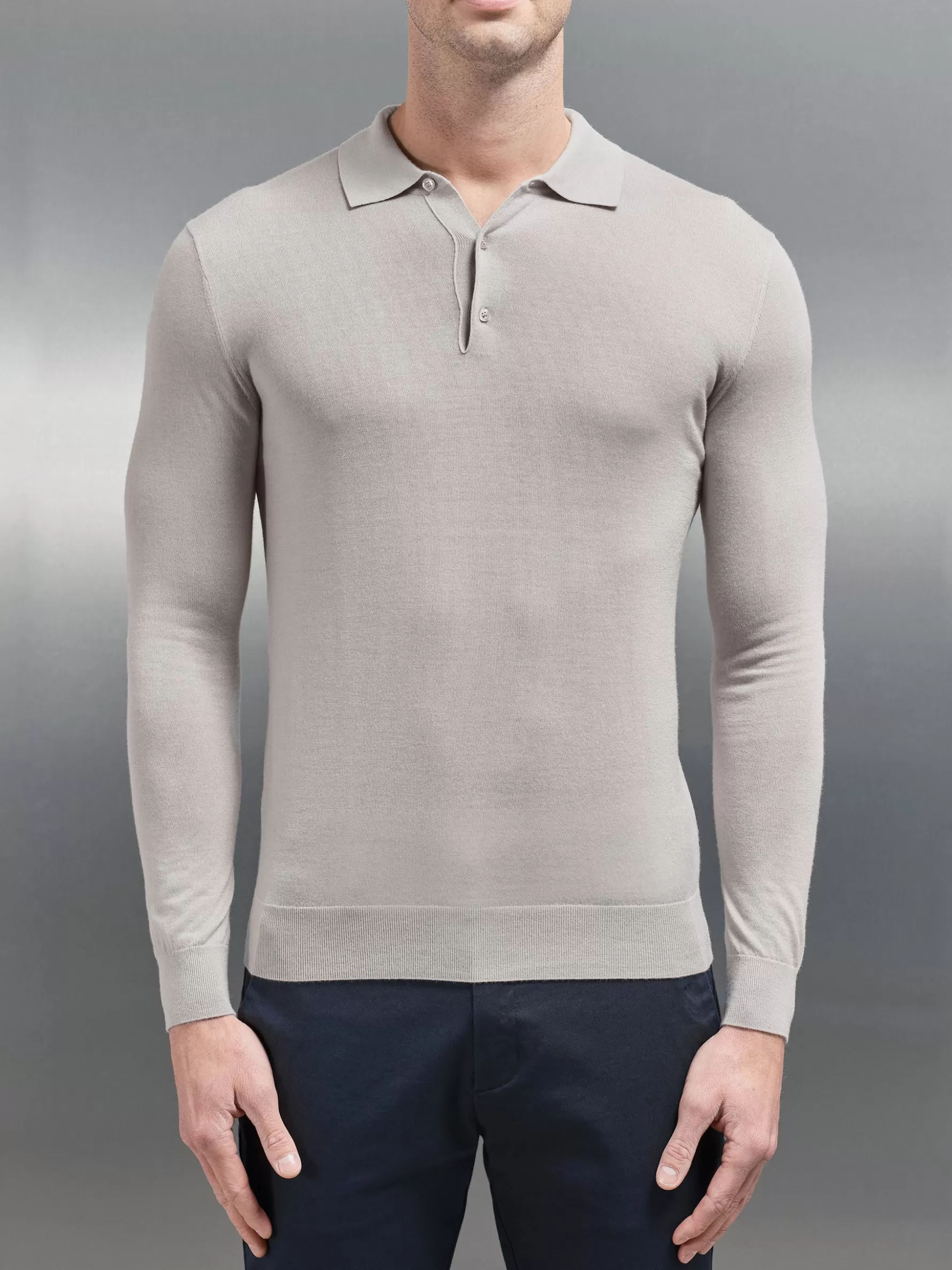 ARNE Merino Wool Long Sleeve Button Polo Shirt -